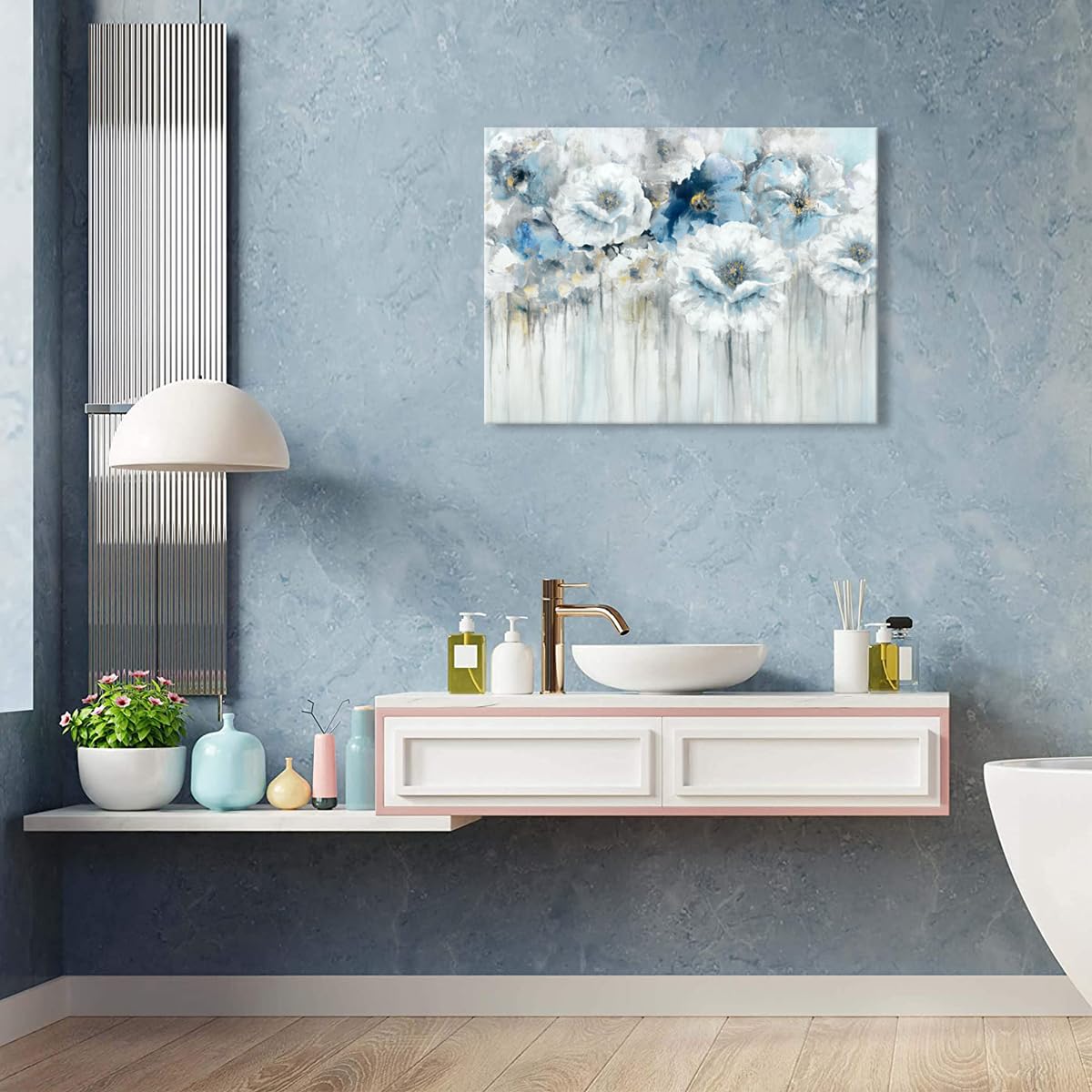 Woxfcart Bathroom Wall Art Abstract Flowers - White Floral Painting Artwork On Canvas With Gold Pictures For Blue Gray Bedroom D