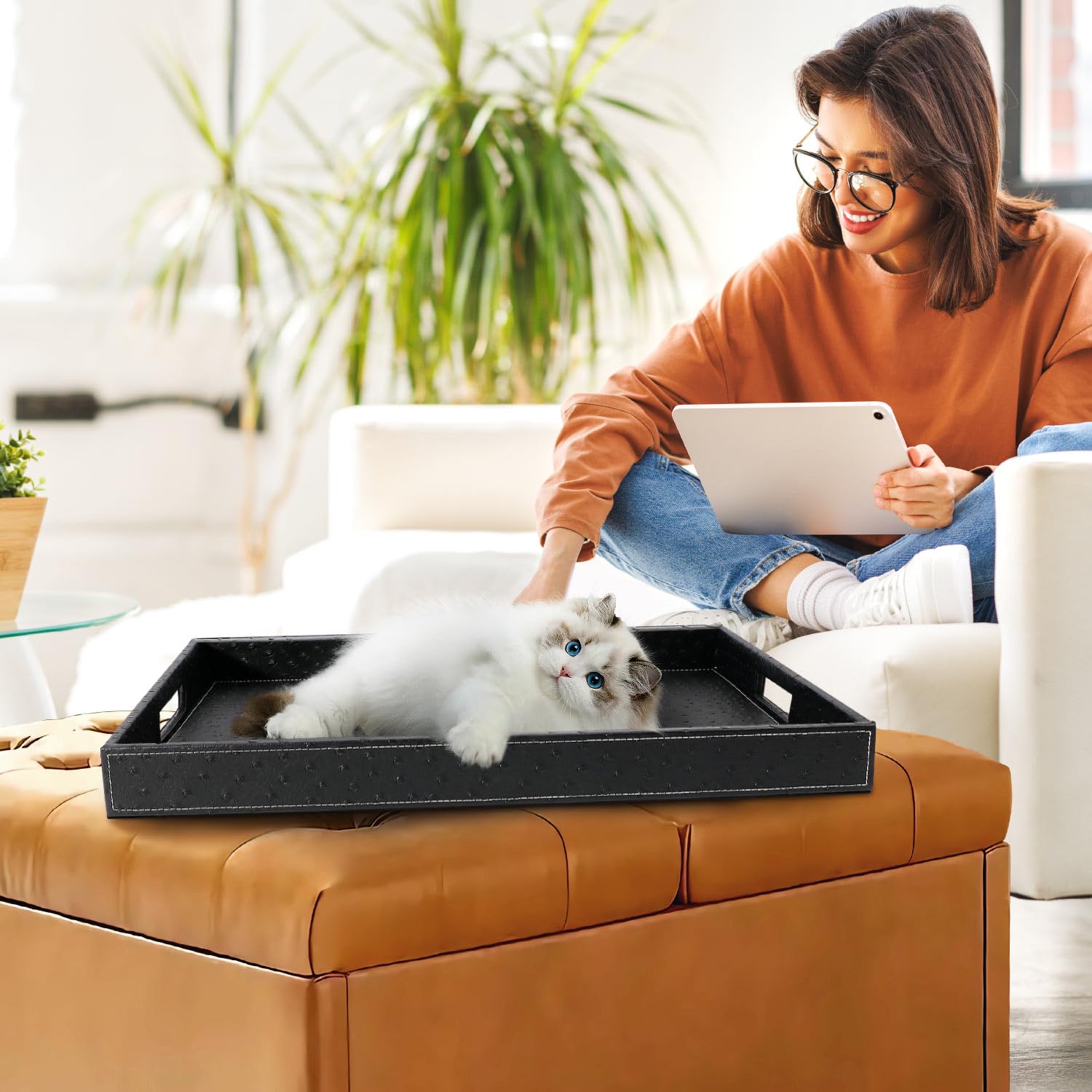 Ranslen Serving Tray With Handles, 20 X 16 Inch Ottoman Tray For Coffee Table, Breakfast, Kitchen Home Black Tray Decor Extra La