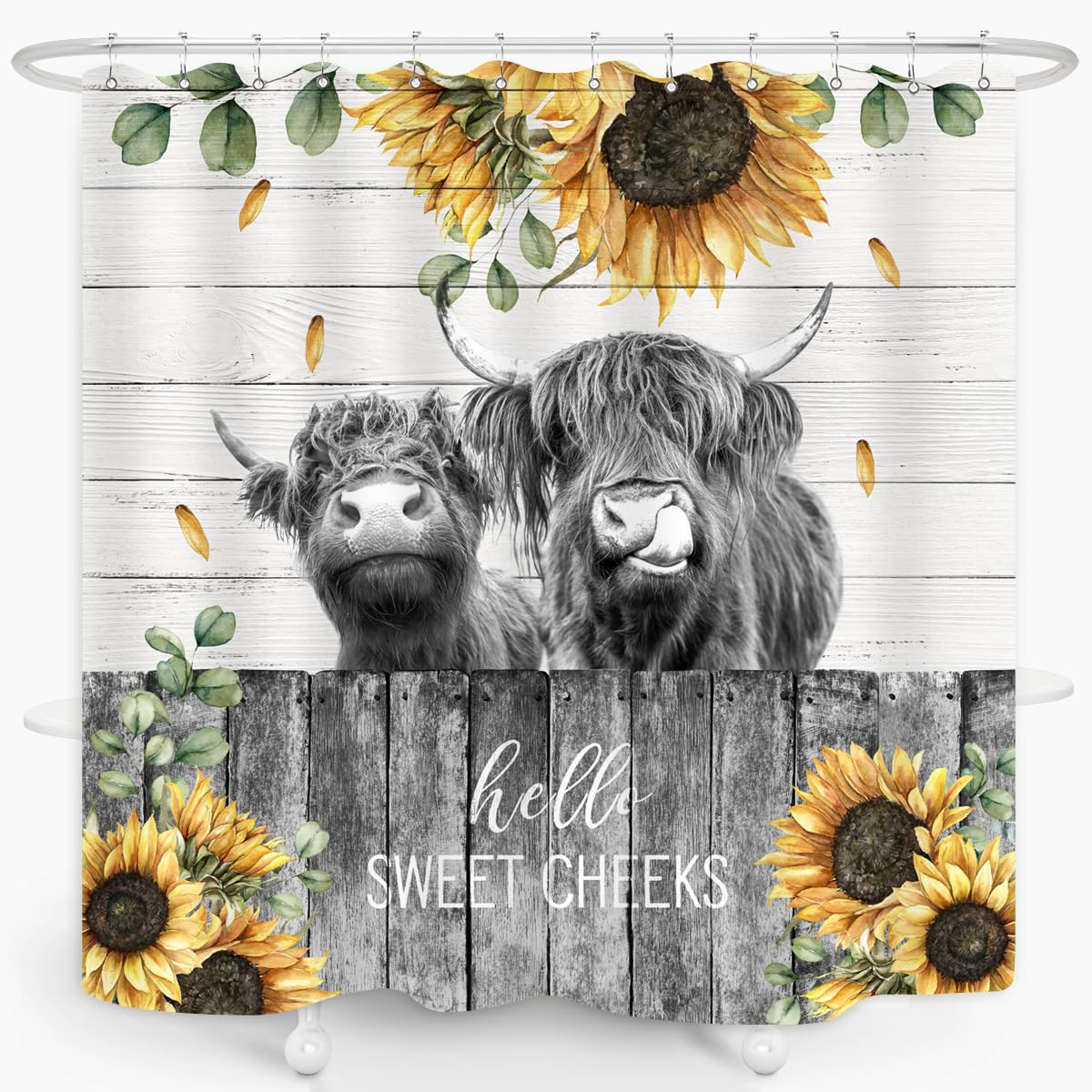 Zxmbf Farmhouse Highland Cow Shower Curtain Sunflower Funny Cattle Farm Western Wooden Fence Rustic Country Home Bathroom Decor
