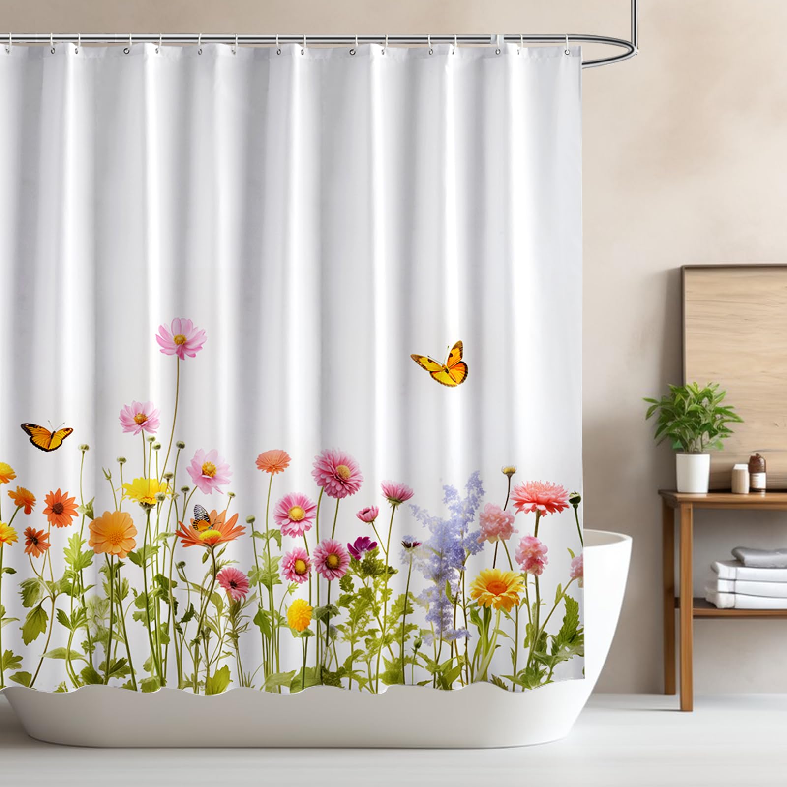 Arichomy Shower Curtain Colorful Bathroom Curtains,Floral Fabric Polyester Printed Waterproof Washable Modern Curtain Set With 1