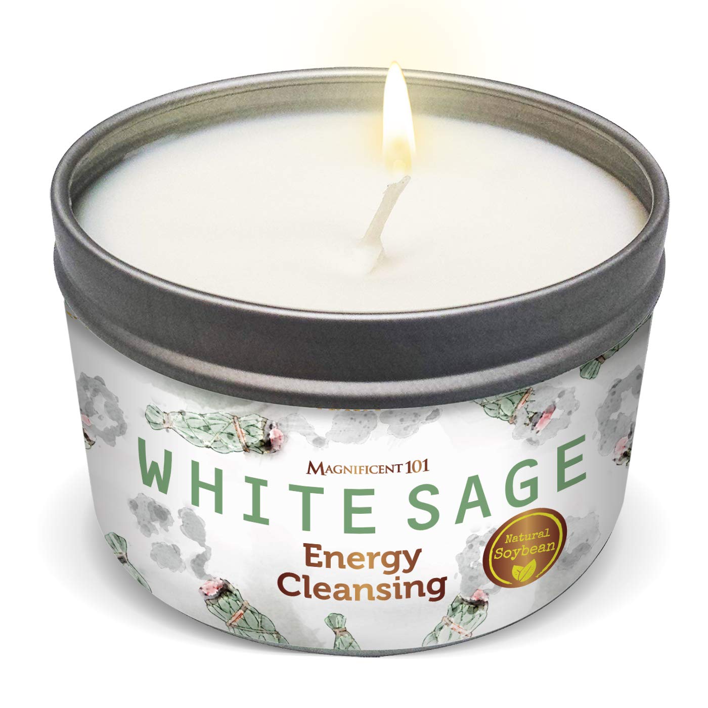 Magnificent 101 Long Lasting White Sage Scented Smudge Candle | 6 Oz - 35 Hour Burn | All Natural & Organic Soy Wax Candle for H