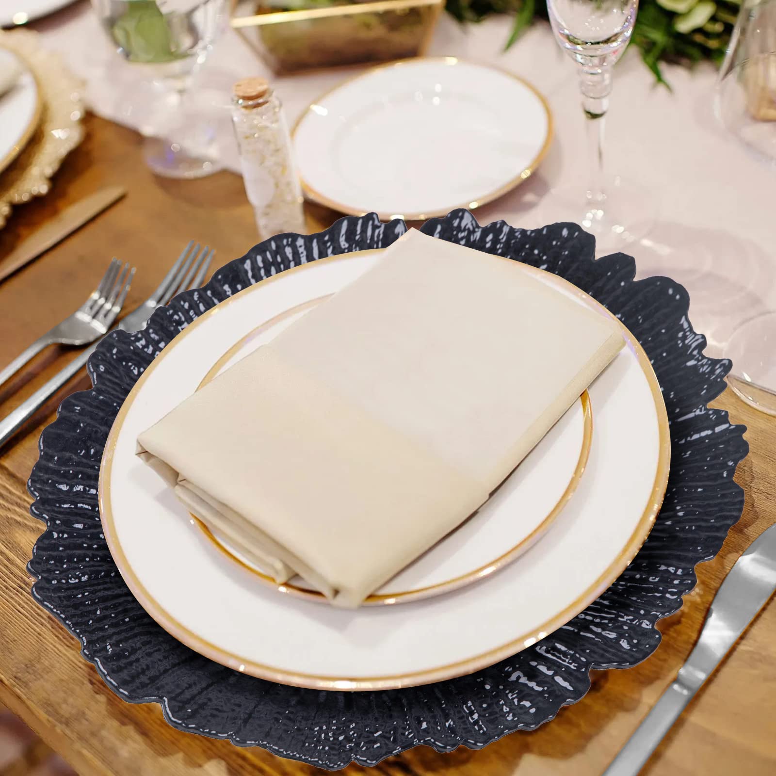 Maoname Black Charger Plates Set Of 12, Reef Plate Chargers For Dinner Plates, Plastic Decorative Plates For Table Setting