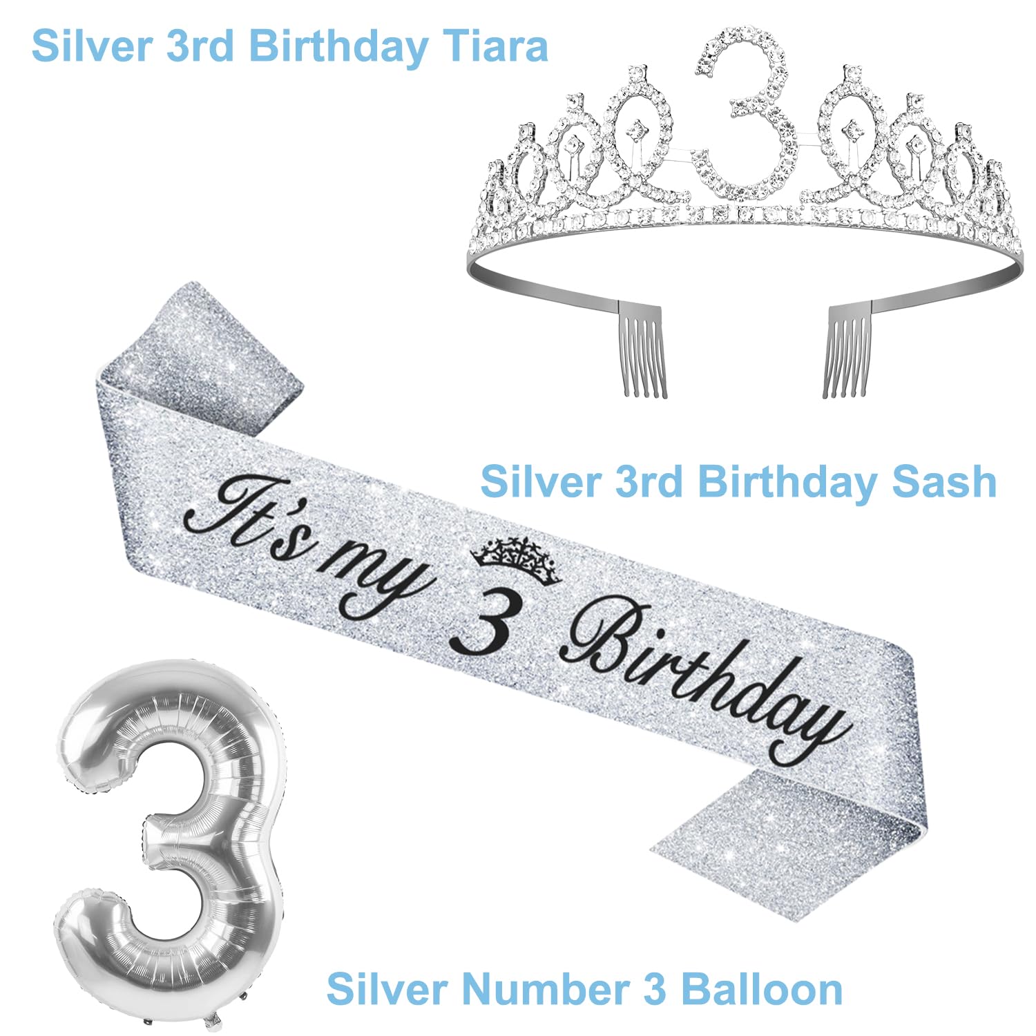 3rd Birthday Decorations for Girls Silver with 3rd Birthday Sash and Tiara, Cake Topper and Candle, Silver Number Balloon, 3 Yea