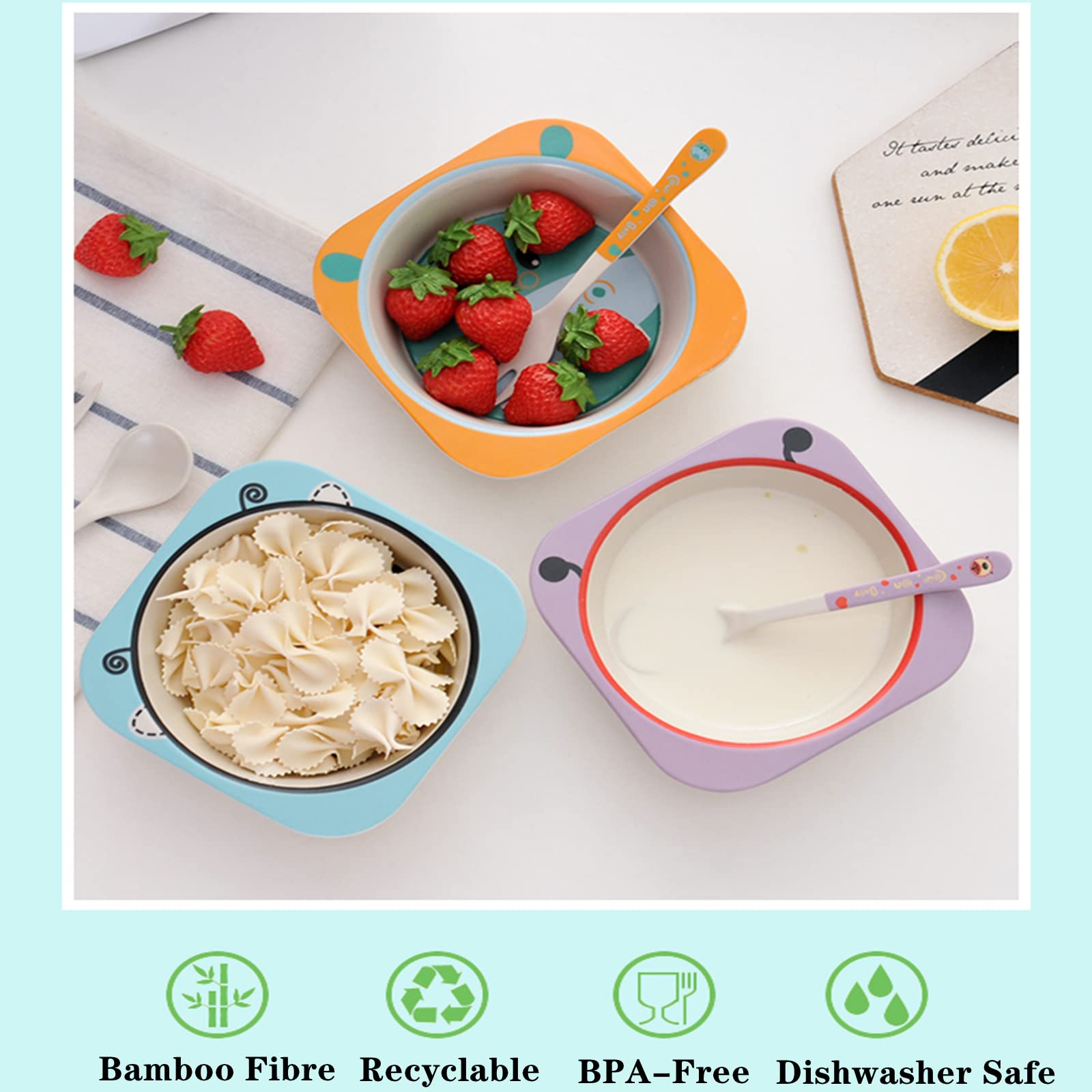Lyellfe 6 Pack Bamboo Kids Bowls, 10 Oz Unbreakable Cute Bowls For Kids, Fun Cartoon Bowls, Kids Tableware Cereal Bowls For Soup