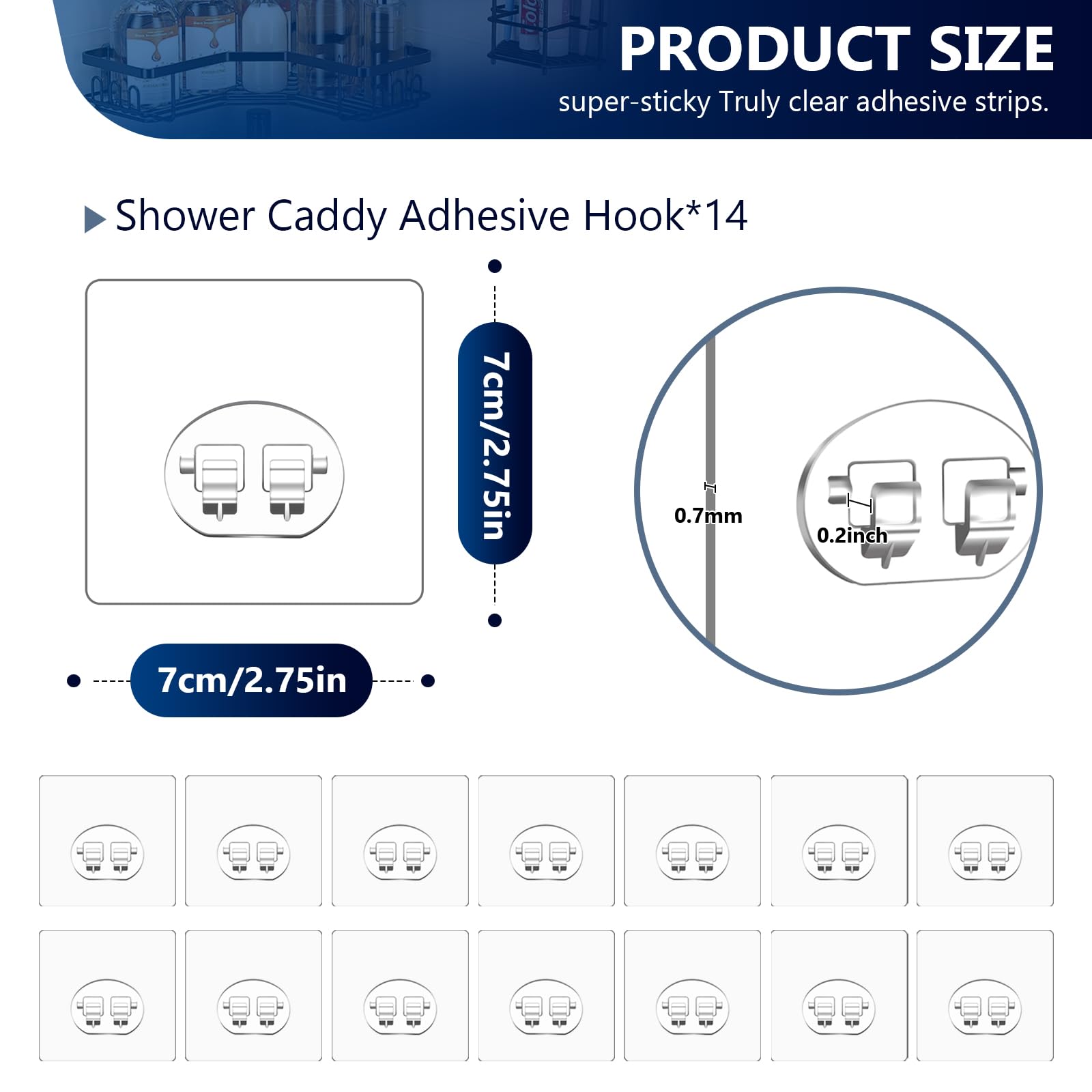 Fgsaeor 14-Pack Shower Caddy Adhesive Single Hooks For Replacement, Shower Holder Organizer Self Adhesive Wall Hooks For Bathroo