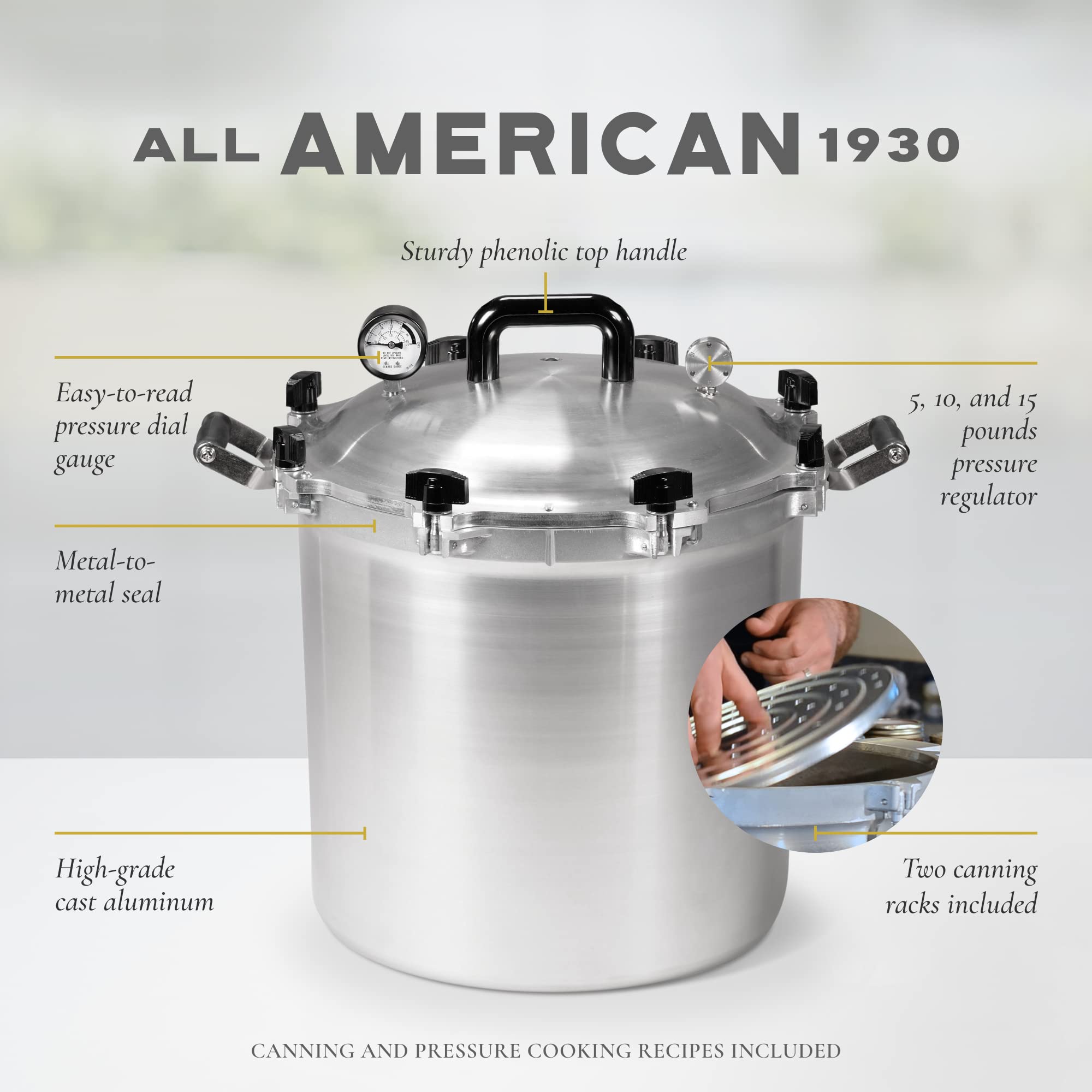 All American 1930: 41.5qt Pressure Cooker/Canner (The 941) - Exclusive Metal-to-Metal Sealing System - Easy to Open & Close - Su