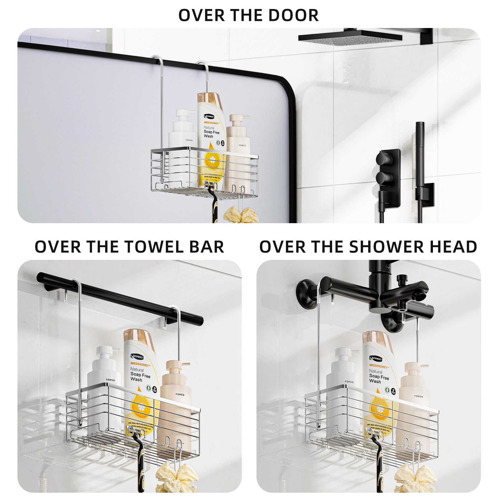 Shanshui Shower Hanging Caddy, Bathroom Shower Organizer Basket, Shampoo Bracket, Over Door Shower Rack With Hooks, 304 Stainles