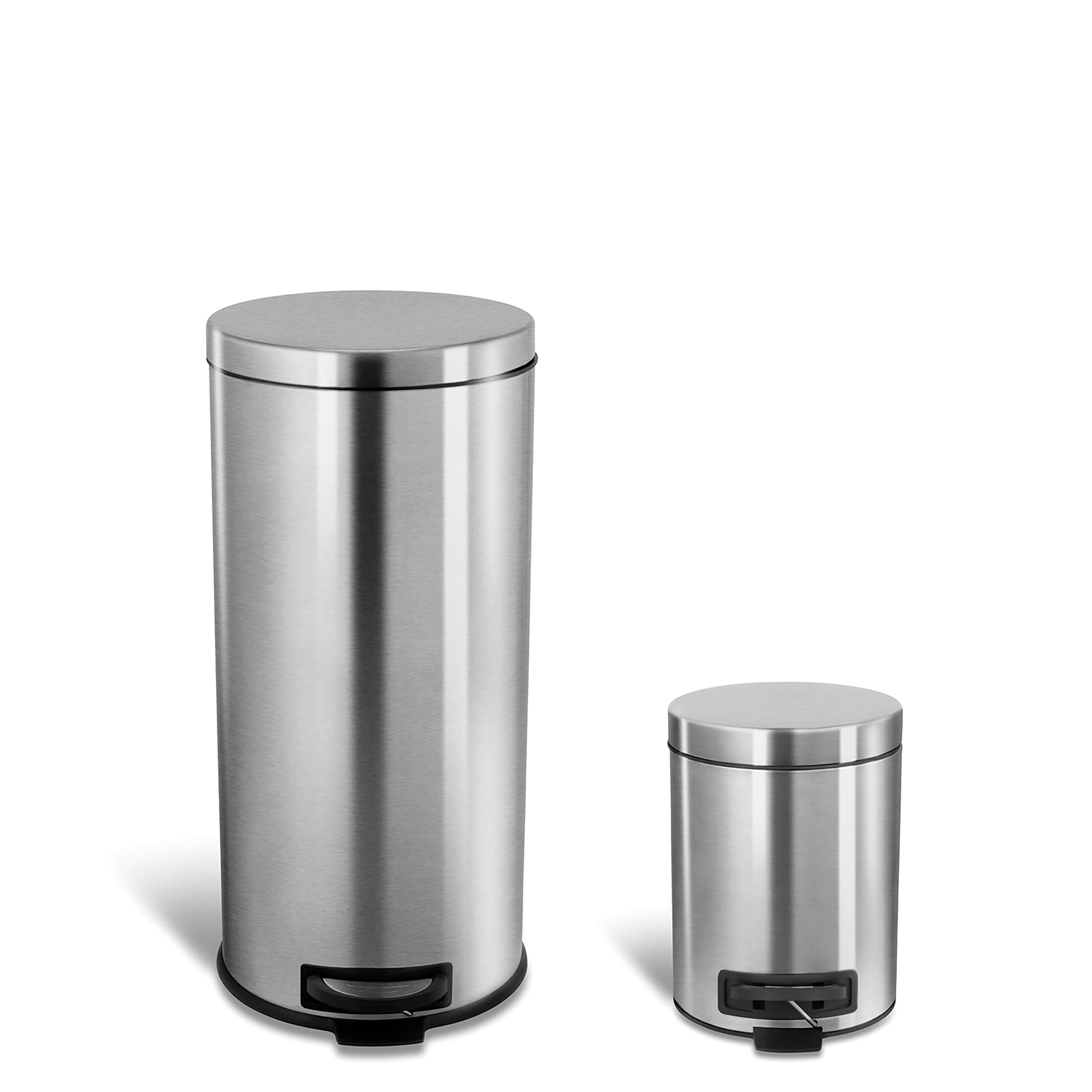 NINESTARS AMZ-CB-SOT-30-1/5-1 CB-SOT-30-1/5-1 Step-on Trash Can Combo Set  8 Gal 30L & 1.2 Gal 5L  Stainless Steel Base (Round  Lid)