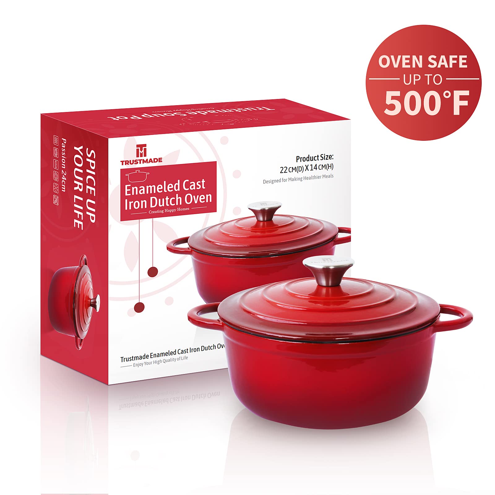 Trustmade 3 Qt Cast Iron Dutch Oven, Enamel Coated Cookware Pot With Self Basting Lid For Home Baking, Braiser, Cooking, Red