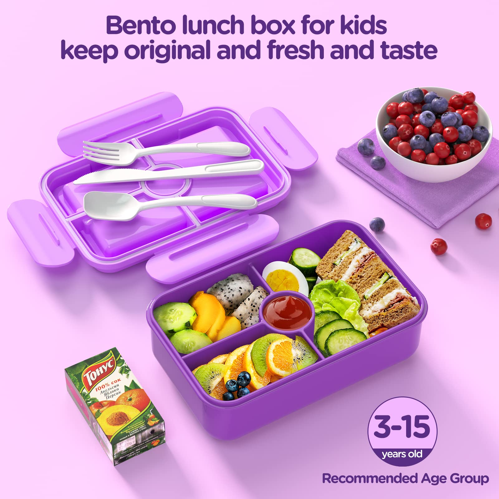 Jelife Lunch Box Kids Bento Box - Large Bento-Style Leakproof 4 Compartments Kids Lunchbox Food Containers with Utensils for Back to School  Reusable On-the-Go Meal and Snack Packing  Purple