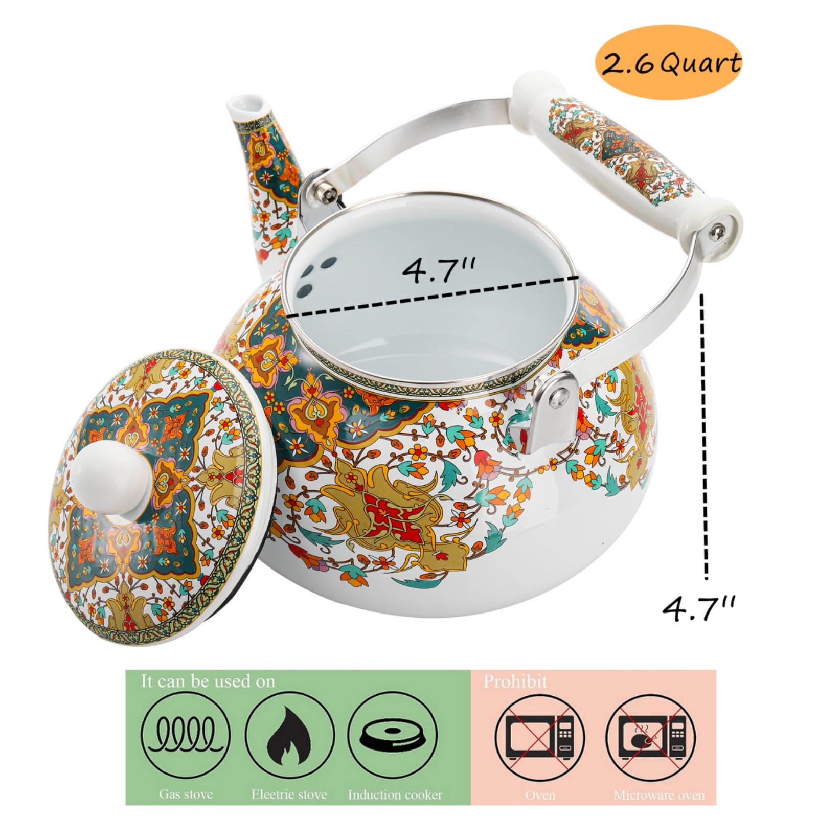 Lyellfe 2.6 Quart Enamel Tea Kettle Stovetop, Vintage Anti Rust Teapot Enameled Teakettle With Porcelain Cool Handle, Hot Water