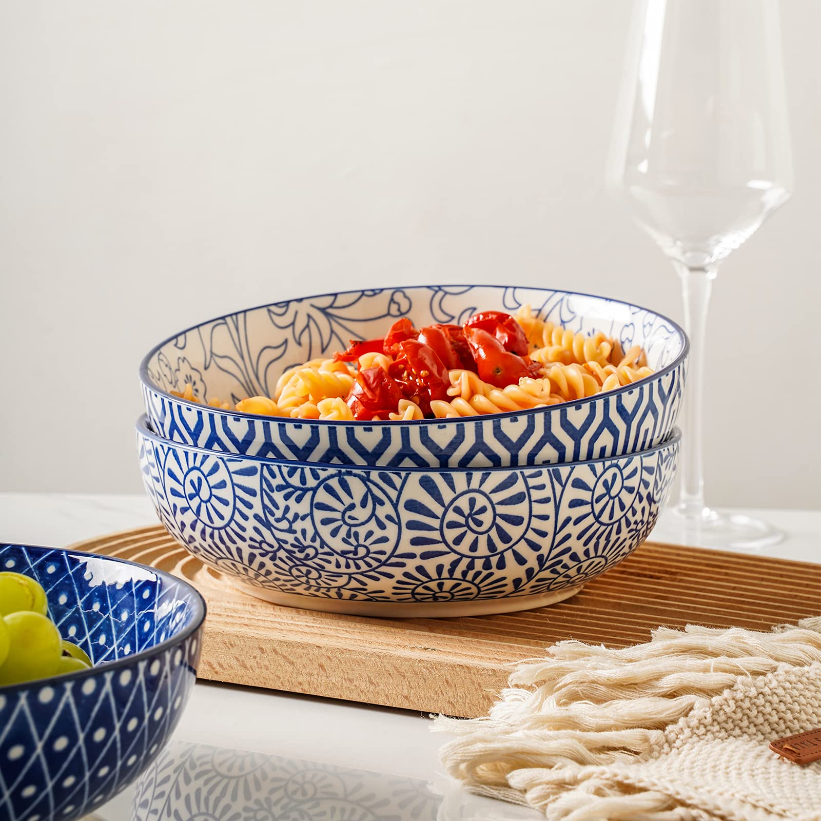 Selamica Ceramic Pasta Bowls Set of 4, 8 Inch Wide & Shallow, Vintage Blue, Microwave & Dishwasher Safe