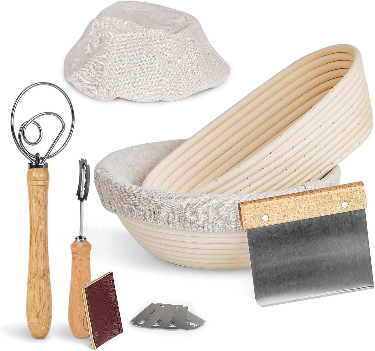 Pitch Pulse Bread Proofing Basket Set, 9 Inch Round + 10 Inch Oval Banneton Bowl, Sourdough Bread Making Tools Kit With Dough Wh