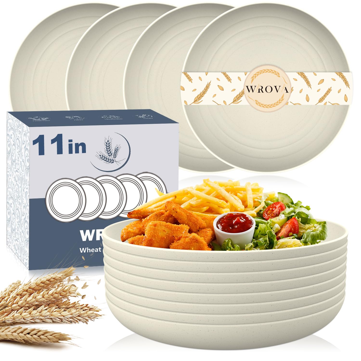 Wrova Large Wheat Straw Dinner Plates - 11 Inch Set of 8 - Unbreakable, Dishwasher & Microwave Safe - Deep Edge for Kitchen & Ca