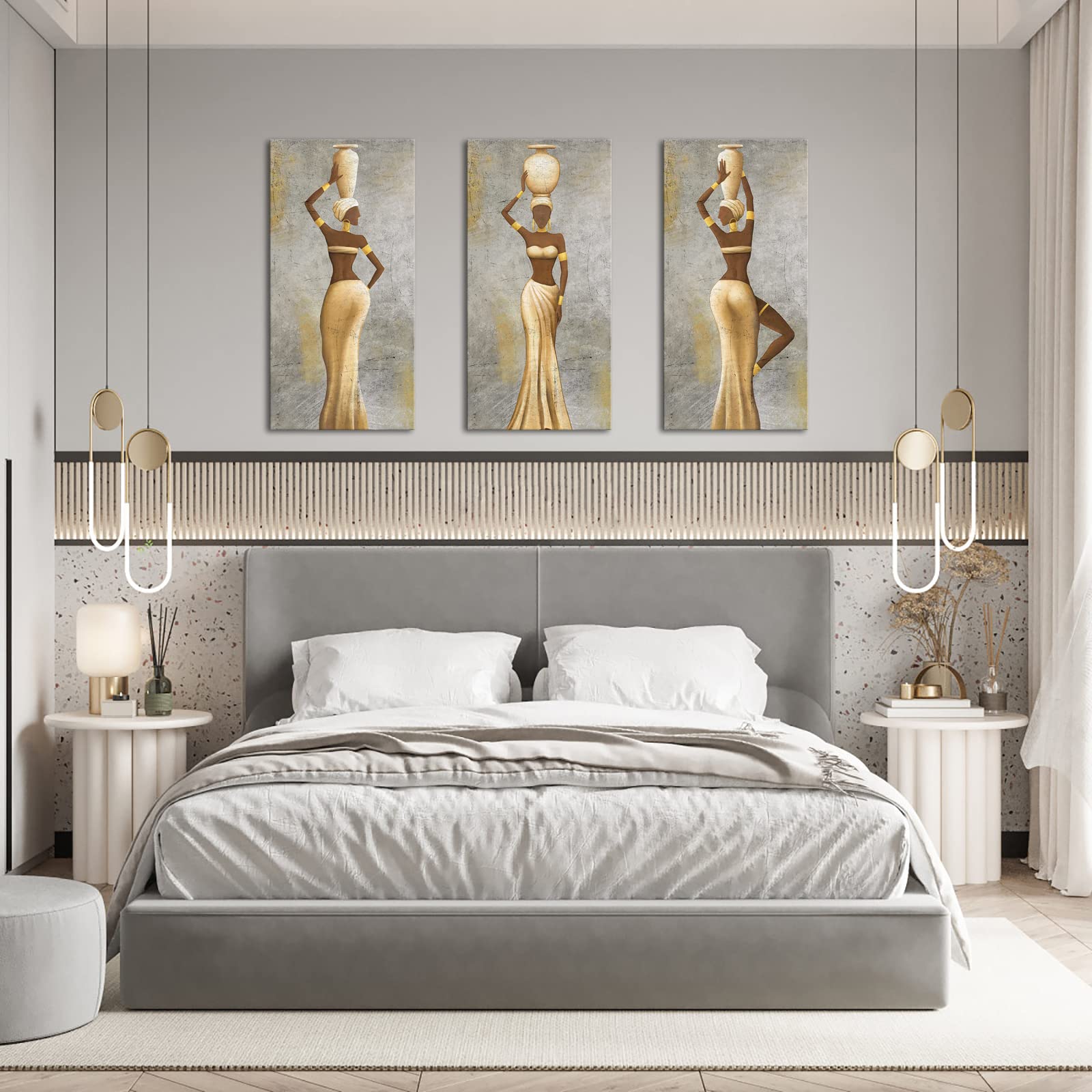 Levvarts Large 3 Pieces African Women Canvas Wall Art Traditional Black Girl Ethnic Ancient Theme Painting Africa Tribal Art Pic