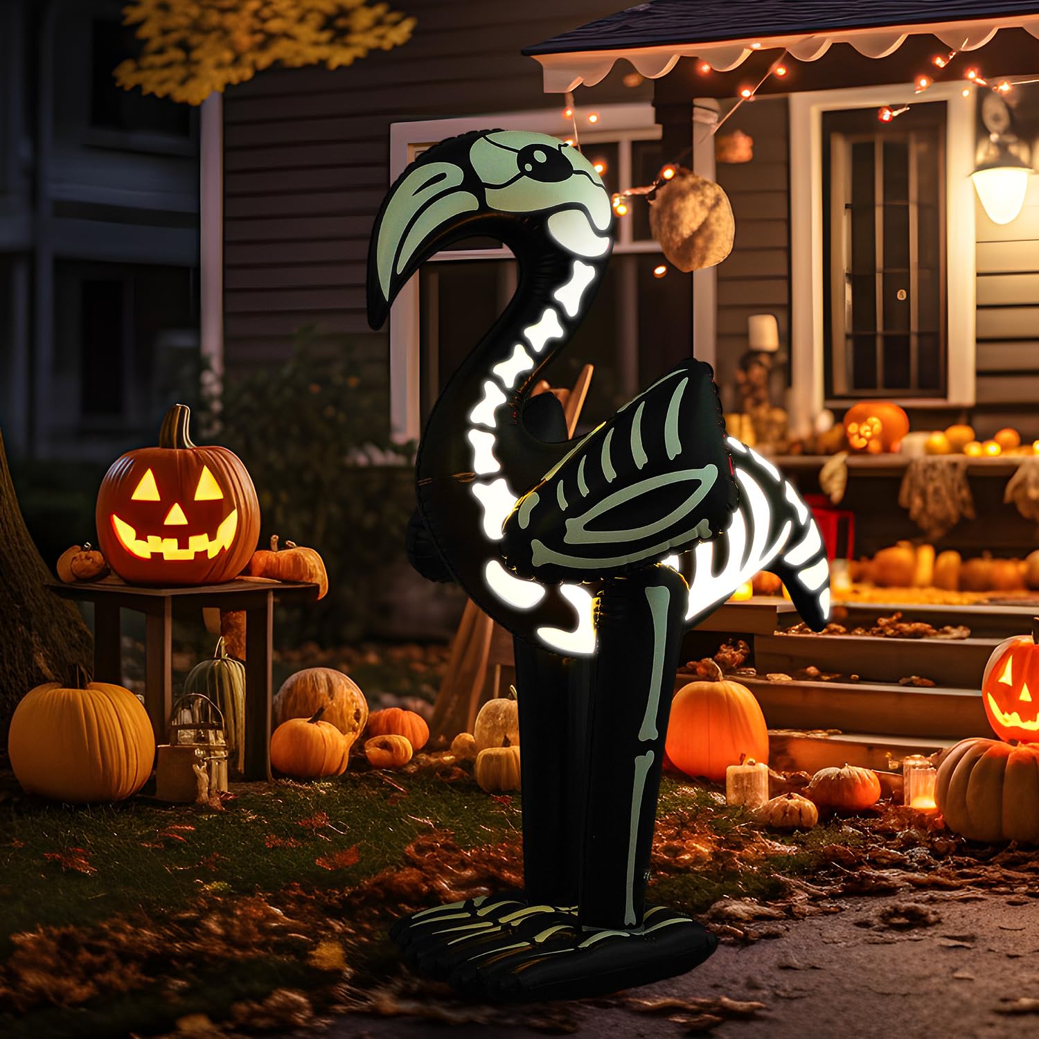 LaRandom 1 Pack 5 FT Giant Halloween Inflatable PVC Flamingo Glow in The Dark Blow up Skeleton Flamingo with Built in LED Lights