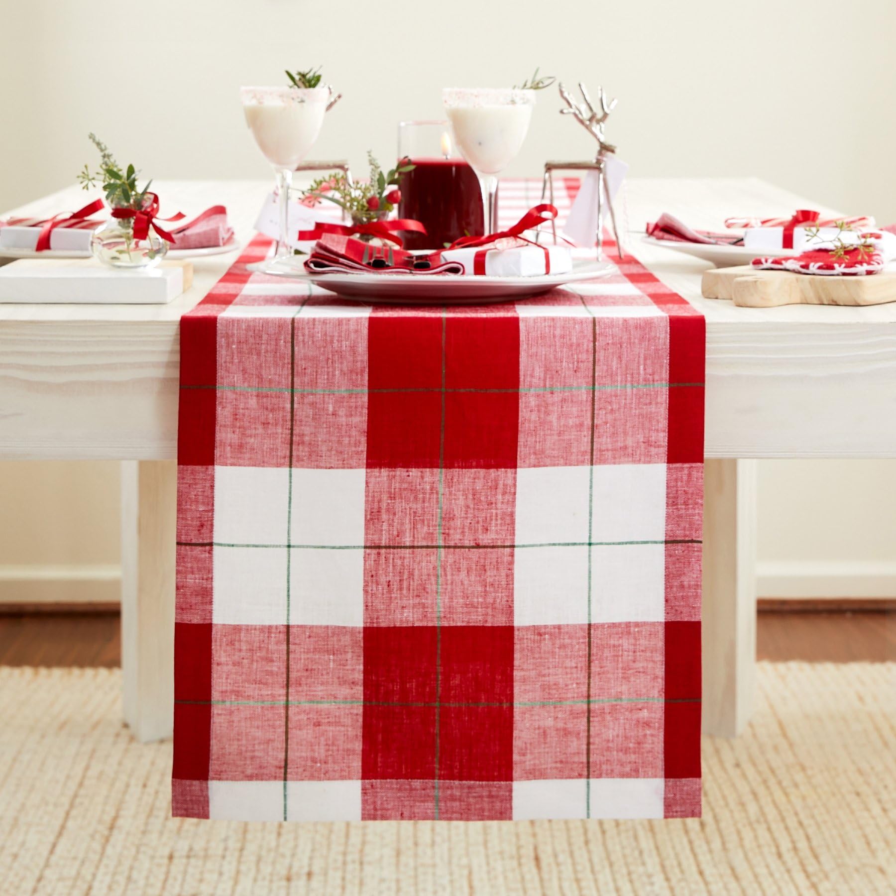 Solino Home Table Runner 36 Inch - 100% Pure Linen Very Merry Plaid Table Runner 14 X 36 Inch - Handcrafted And Machine Washable