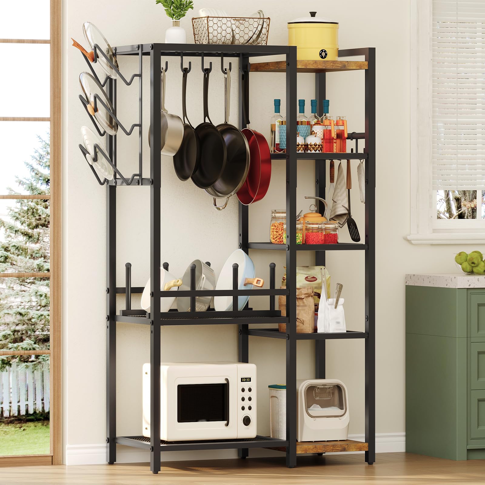 5Tier Pot and Pan Organizer Rack with Hooks and Lid Holder, Rustic Brown