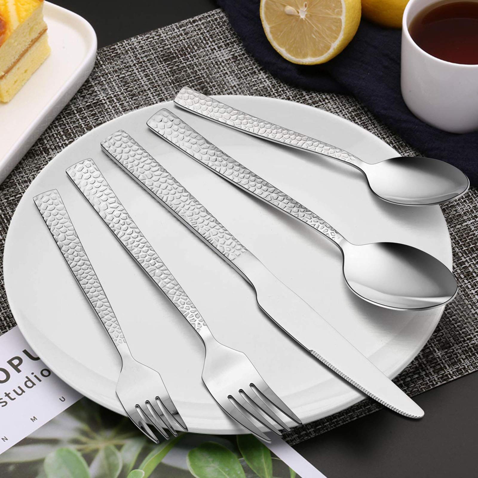 E-Far 60-Piece Silverware Set, Hammered Stainless Steel Square Flatware Cutlery Set For 12, Tableware Set Eating Utensils For Ho