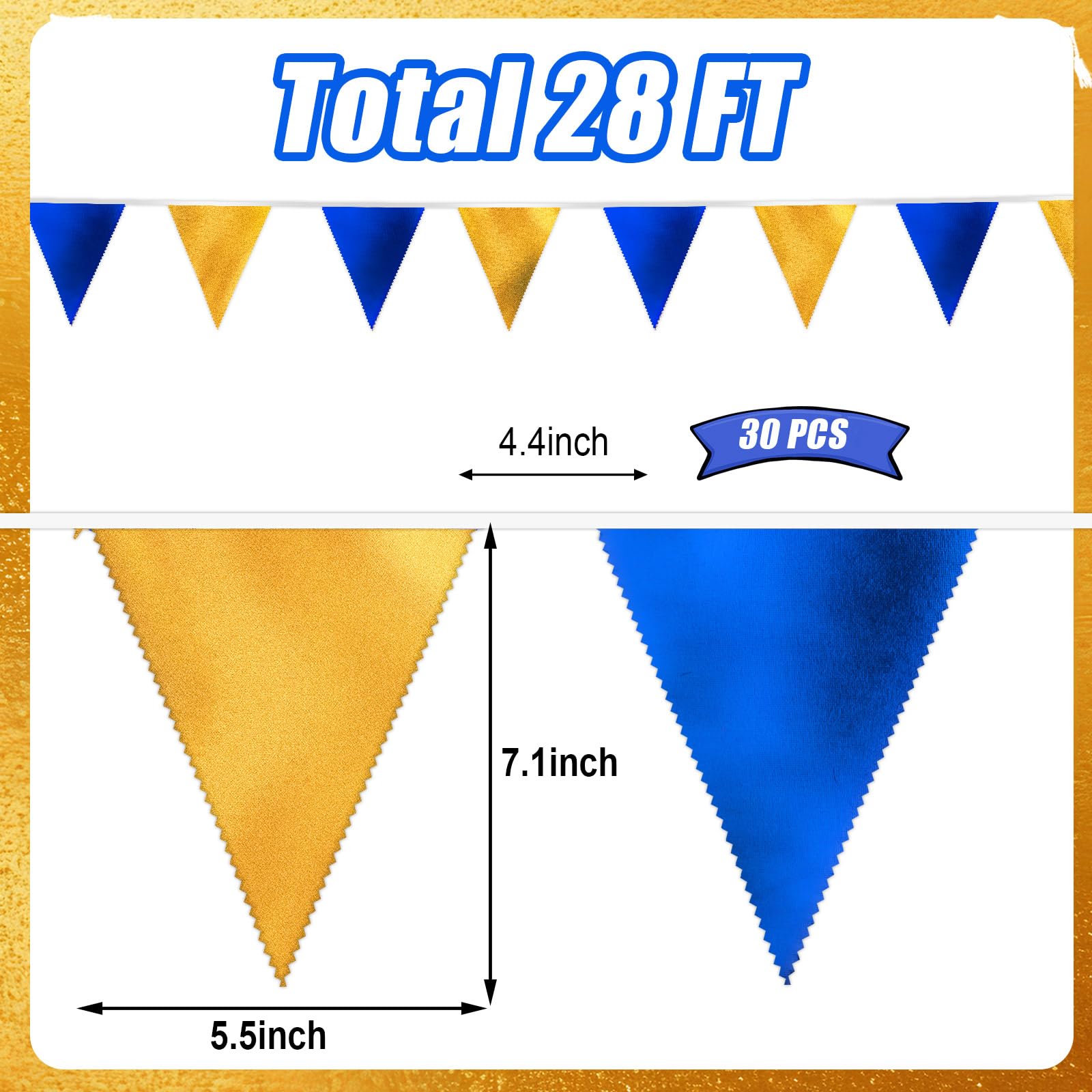 MARFOREVER Navy Blue Gold Pennant Banner, 30Pcs Metallic Fabric Triangle Flag Bunting Royal Blue Gold Party Hanging Decorations