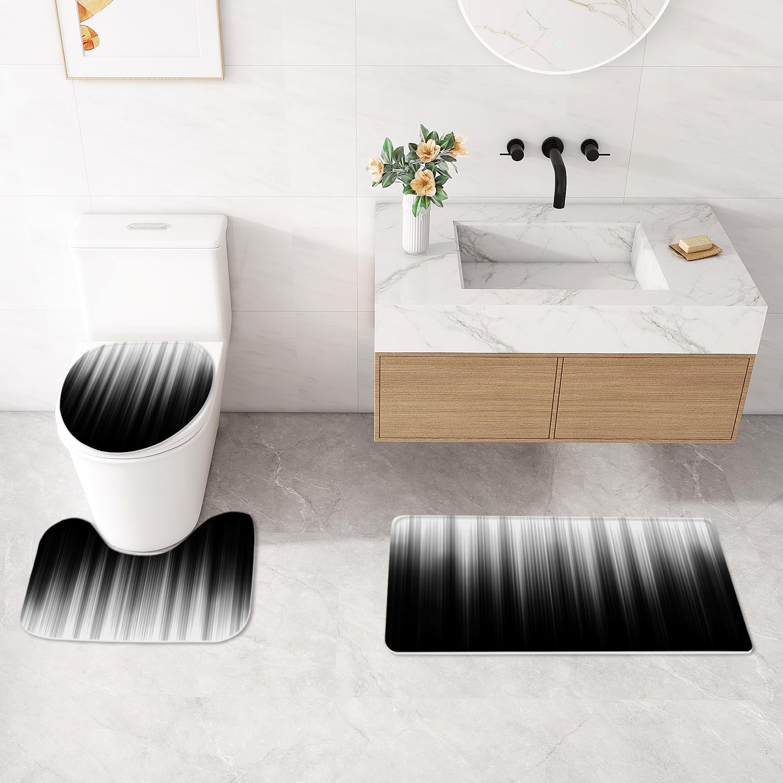 Litabel 4 Pcs Grey And Black Gradient Shower Curtain Set With Rugs And Toilet Lid Cover, Modern Simple Waterproof Fabric Bathroo