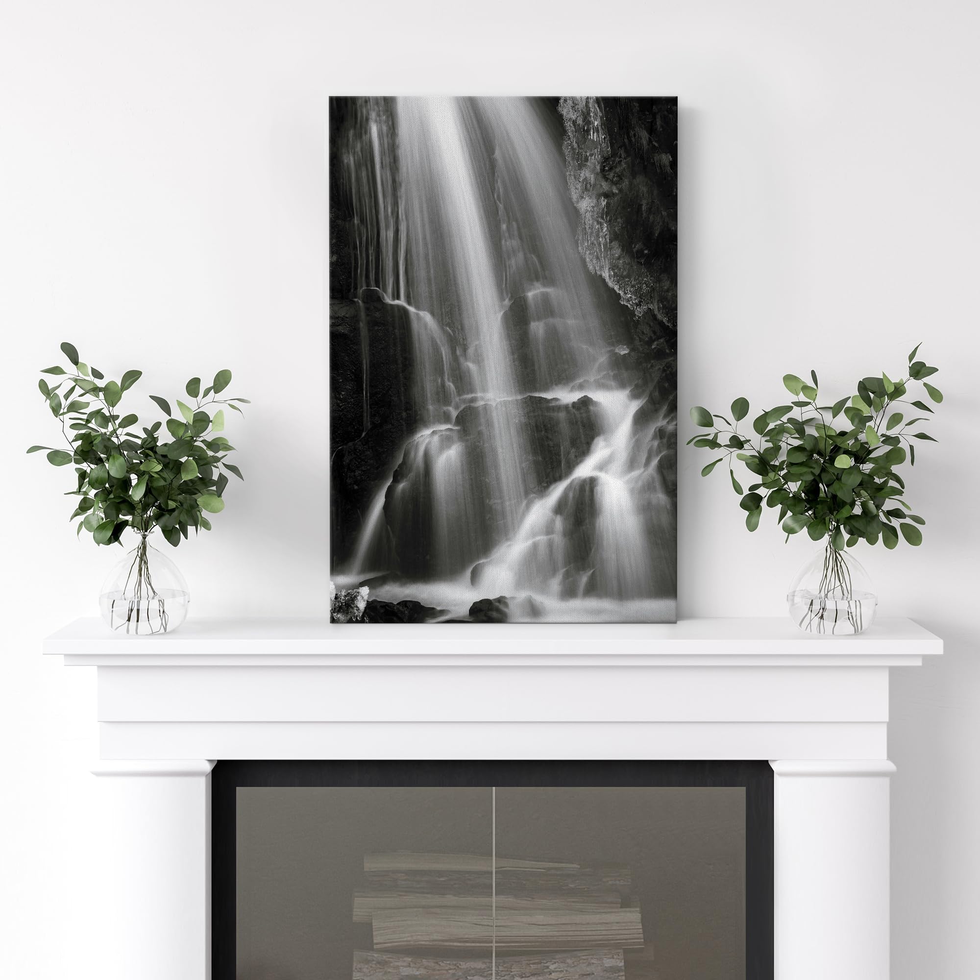 Wall26 Canvas Print Wall Art Serene Black And White Waterfall Animals Photography Realism Rustic Scenic Landscape Wilderness Zen
