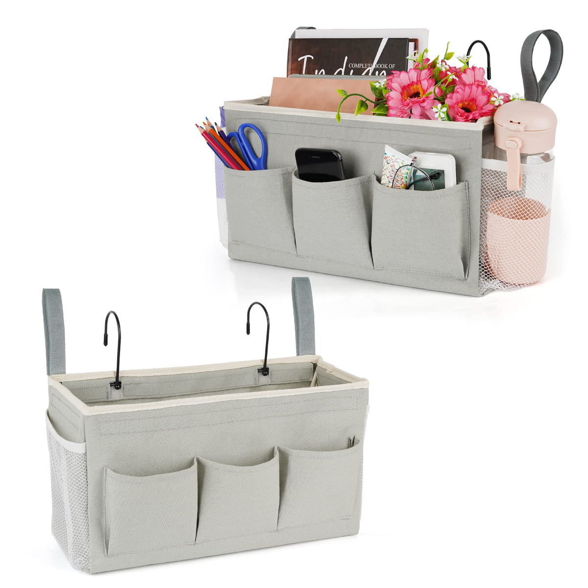 Lilithye Bedside Caddy Bedside Organizer Bedside Storage Caddy with Fixed Straps and Water Bottle Holder for Home College Dorm B