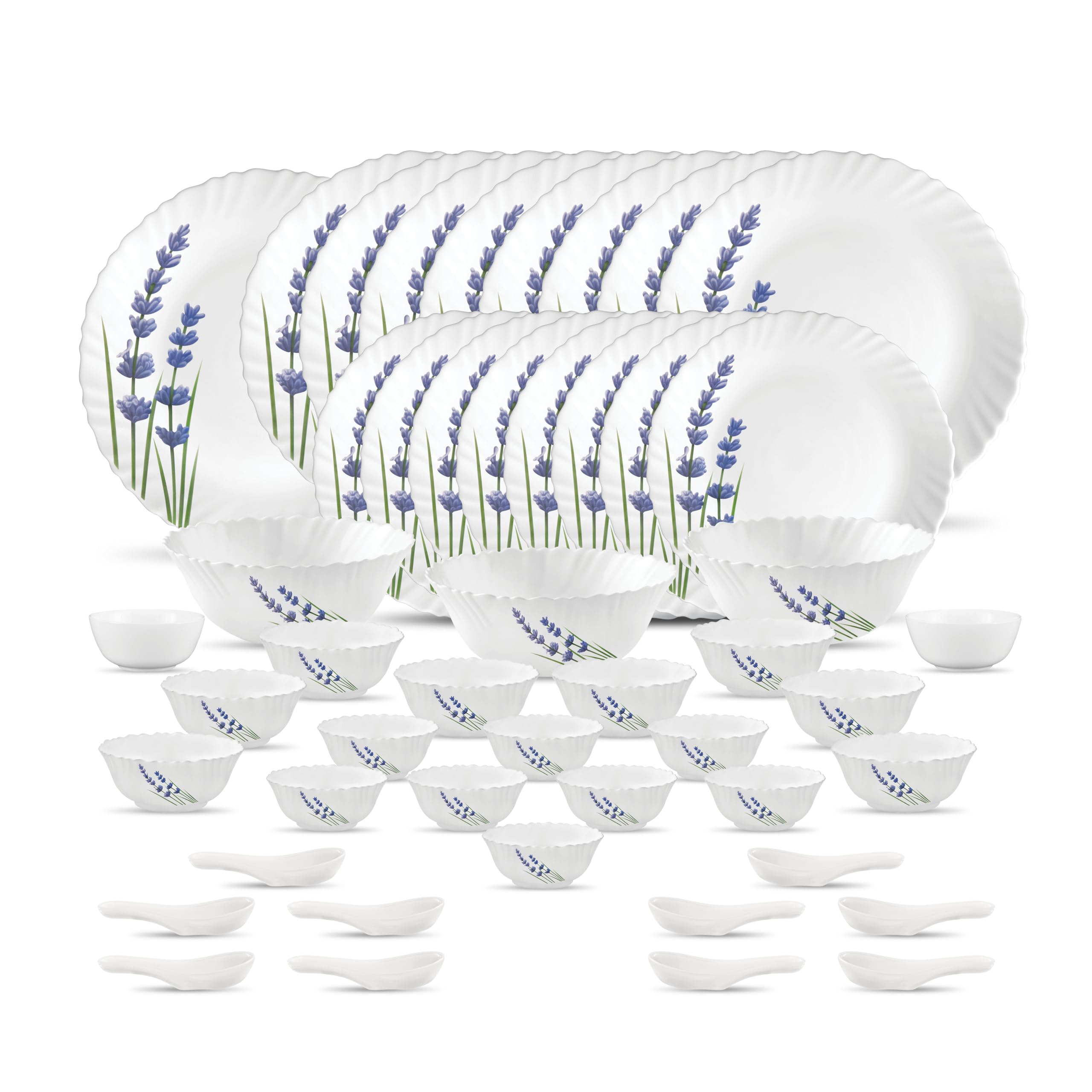 La Opala Novo Collection Opal Glass Crockery | For Family Of 8 | Dinner Set 46 Pcs English Lavender | Plates & Bowls For Dining 