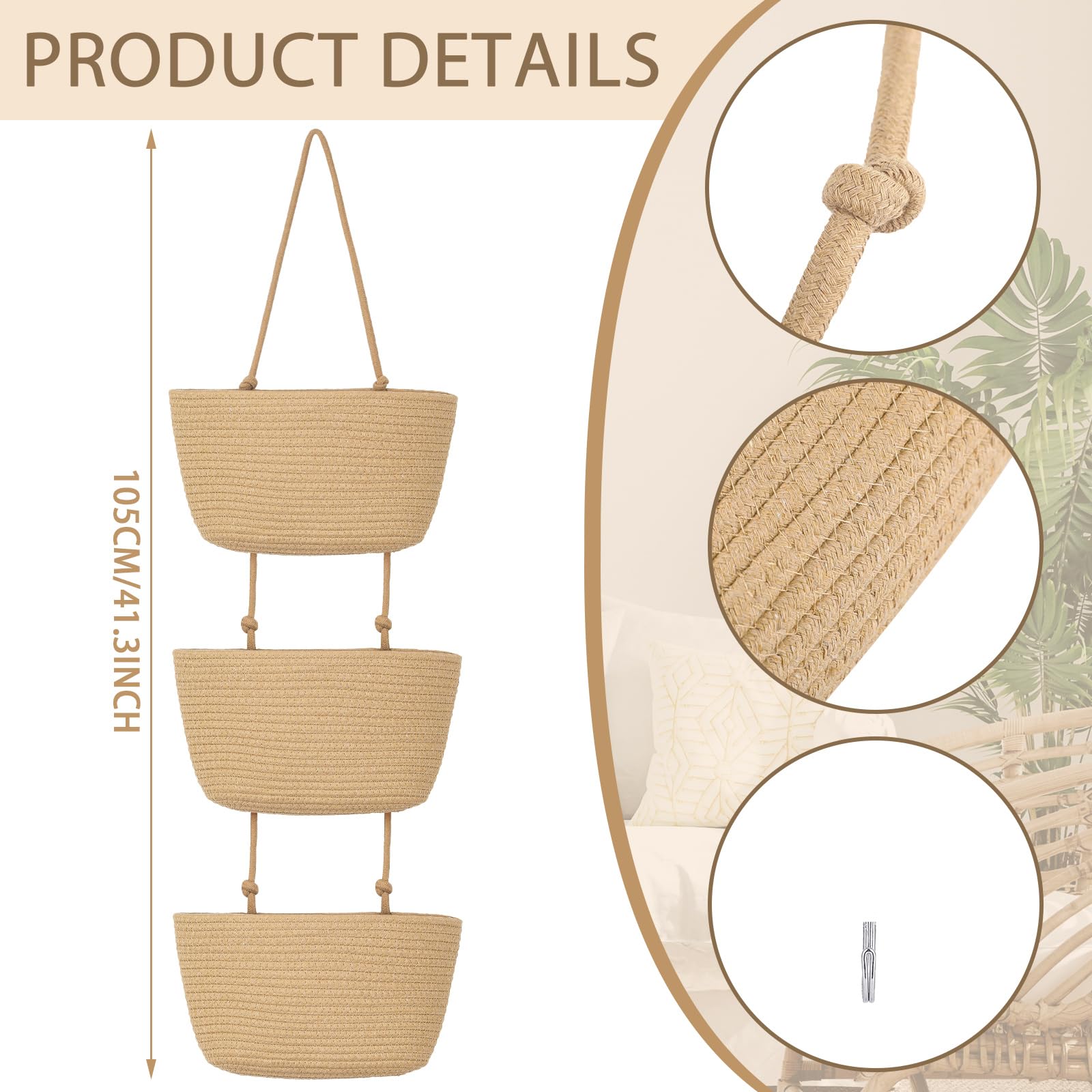 Xuhal 3 Tier Wall Basket Over The Door Organizer Boho Wall Decorative Woven Hanging Storage Basket Cotton Rope Wall Mounted Bask