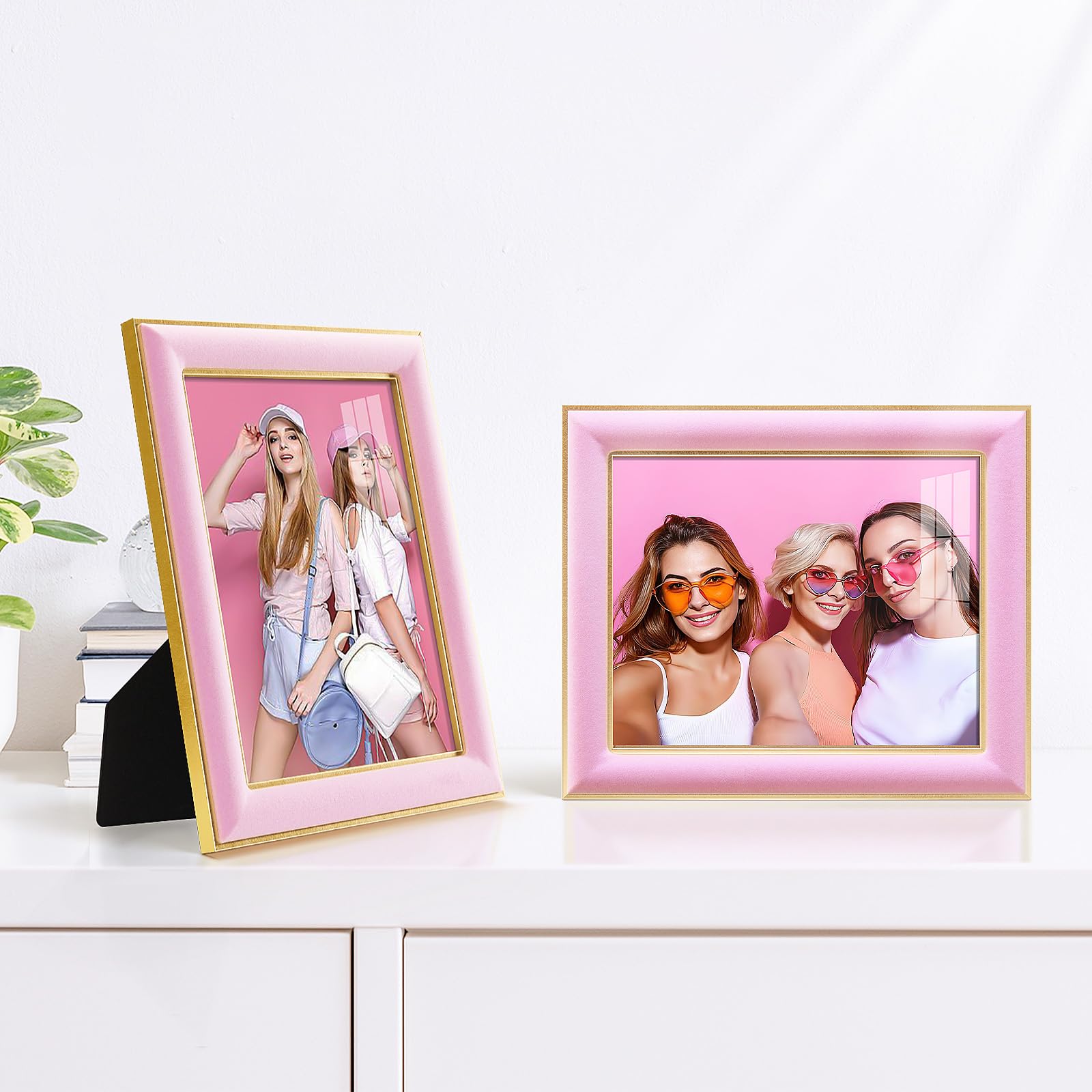 KSROECUD 8x10 Velvet Picture Frame with 2 Opening 4x6 Picture, HD Real Glass Pink Velvet Photo Frame with Black White Border Mat