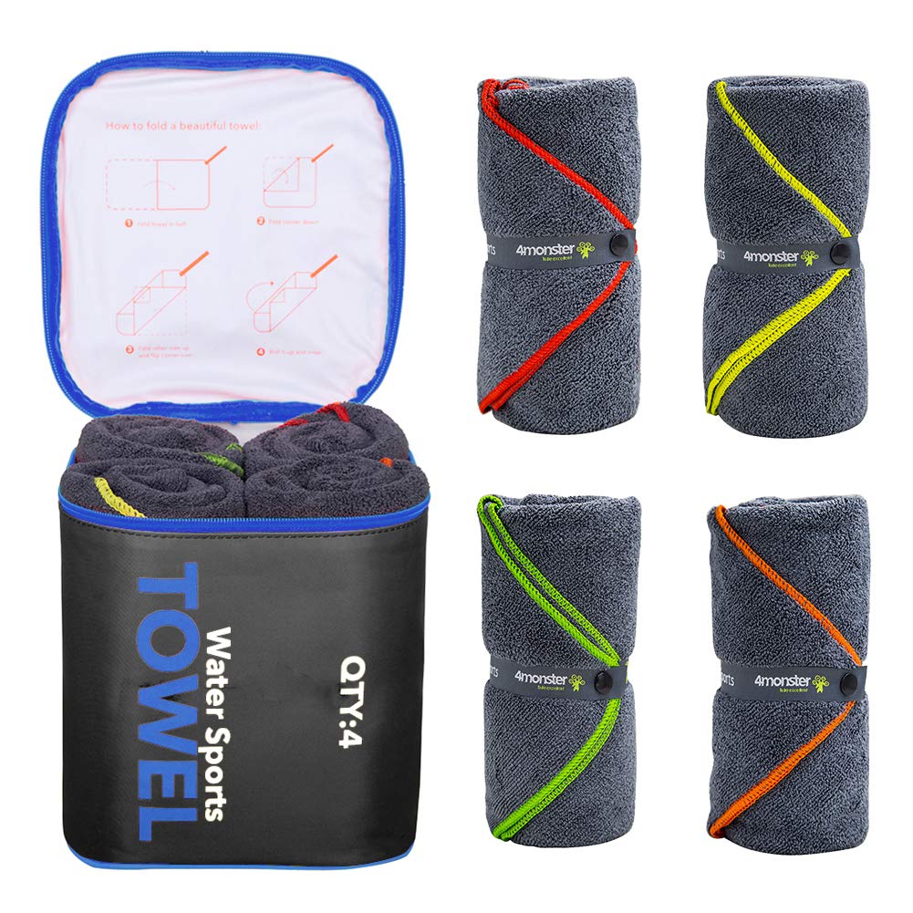 Monster 4 Pack Microfiber Camping Towel Quick Dry,Super Absorbent Travel Towel Portable Microfiber Swim Towel With Waterproof To