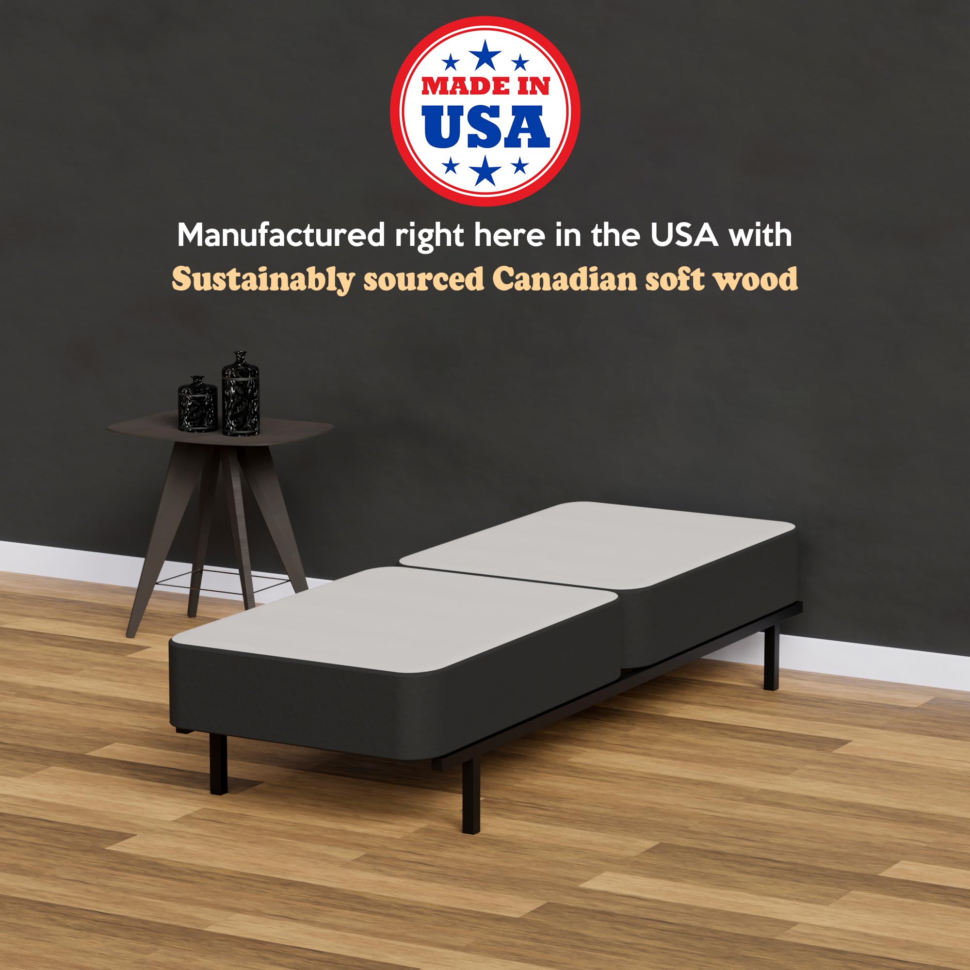 Greaton, 8-Inch Sturdy Box Spring For Mattress Support-Durable And Fully Assembled, Natural Wood Foundation For Twin Xl, Black