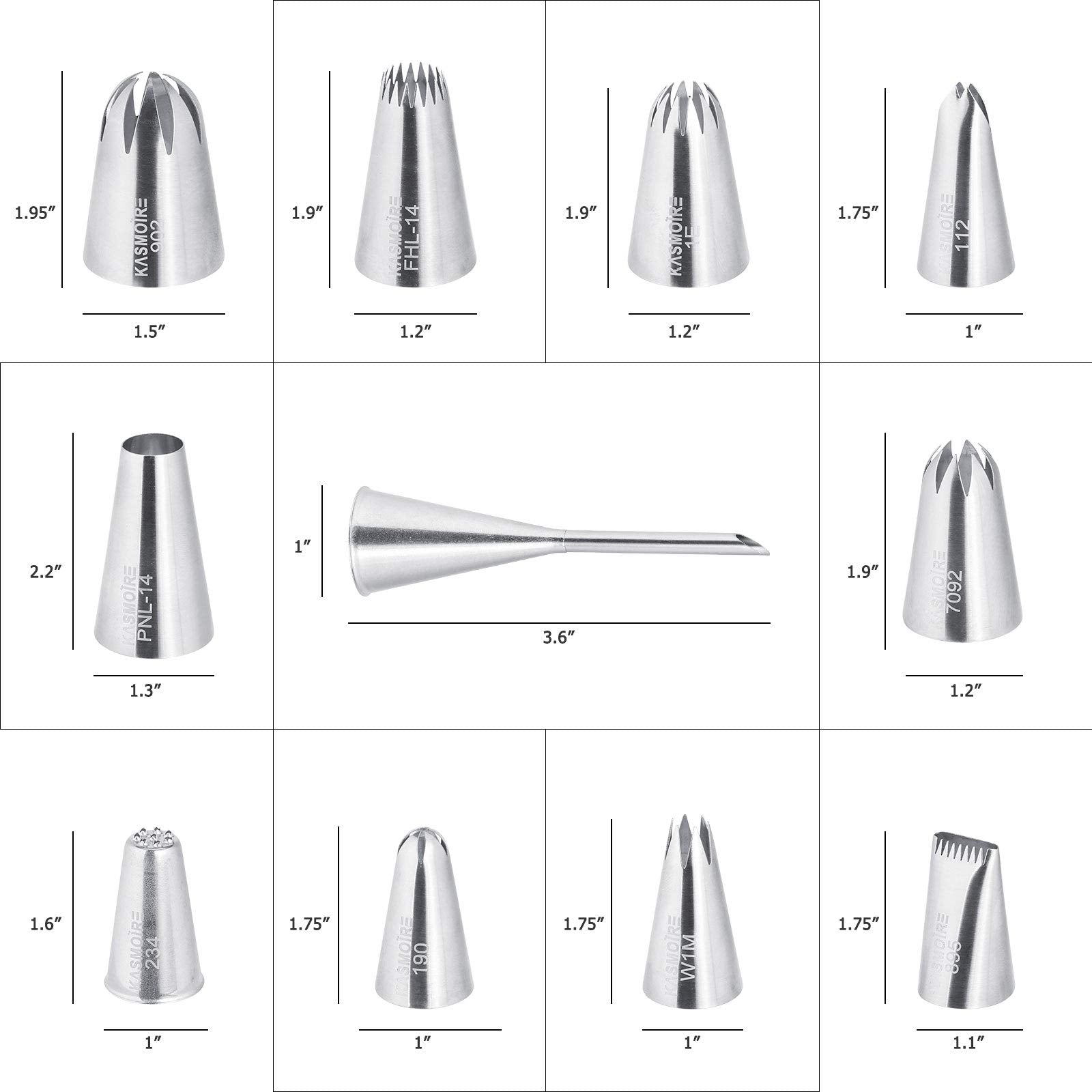 Kasmoire 11 Pcs Extra Large Piping Tip Set,Stainless Steel Cake Decorating Icing Tips Nozzles,Professional Pastry Tips For Cupca
