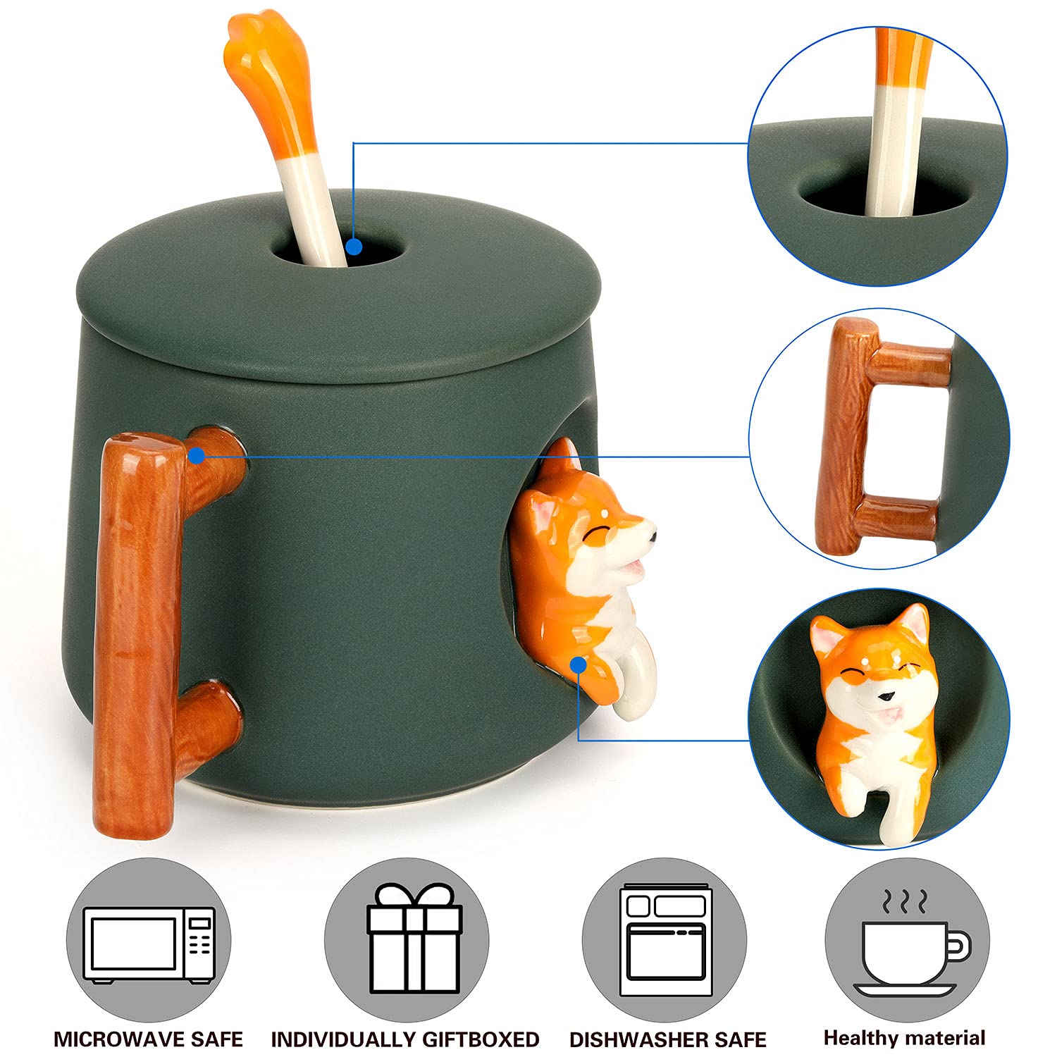 YLOKO Cute Ceramic Coffee Mug with 3D Shiba Inu, Cute Mugs with Lid Paw Spoon, Novelty Morning Tea Mug, Birthday Gifts for Women