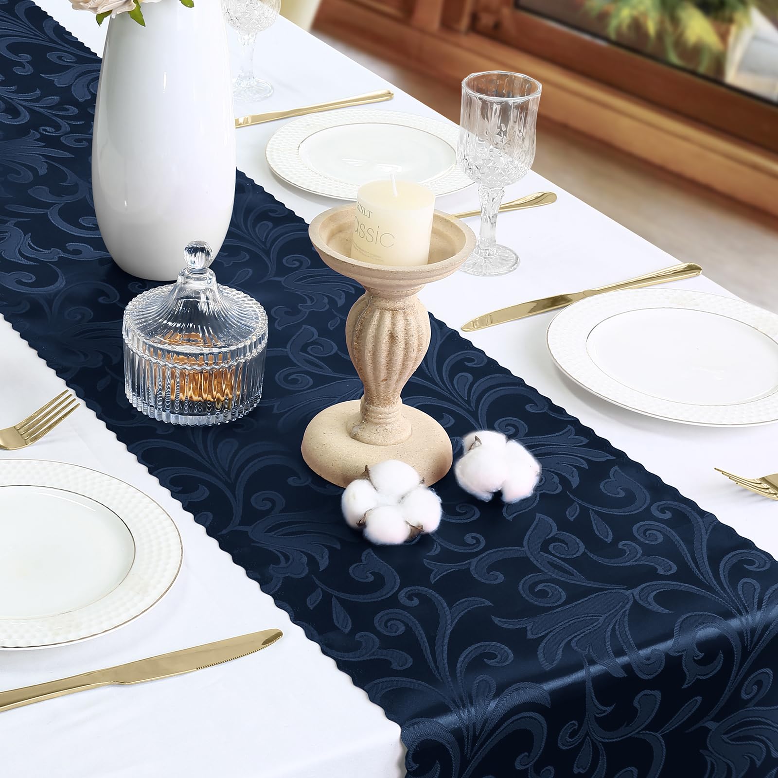 Eychei 2 Pack Navy Blue Satin Table Runner 12 X 108 Inch Long, Bright Smooth Damask Table Runner, Silky Jacquard Dinner Table Ru