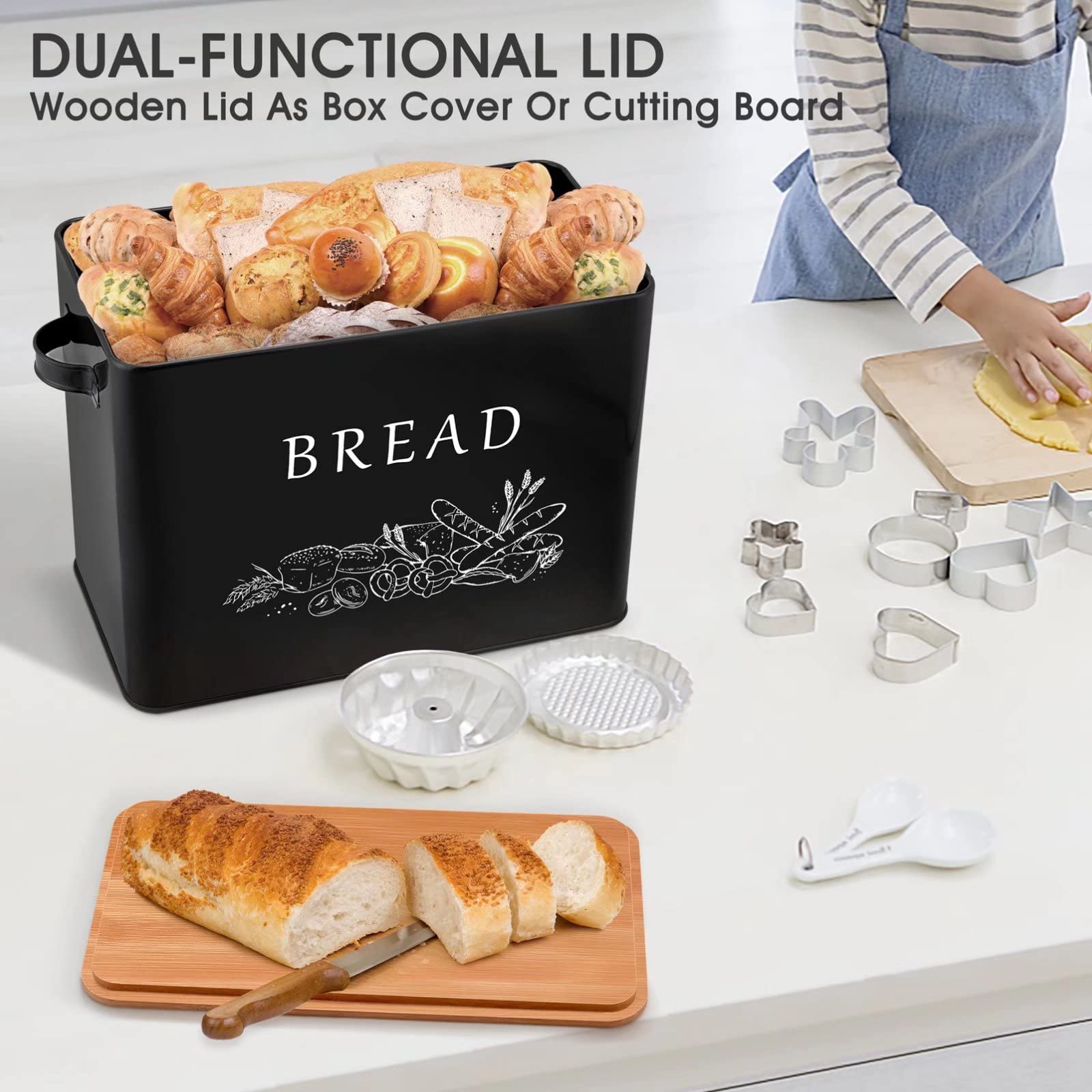 Teamfar Bread Box With Wooden Lid, 13.1    X 7.2    X 9.7    Metal Bread Container Storage Holder For Family Farmhouse Kitchen C