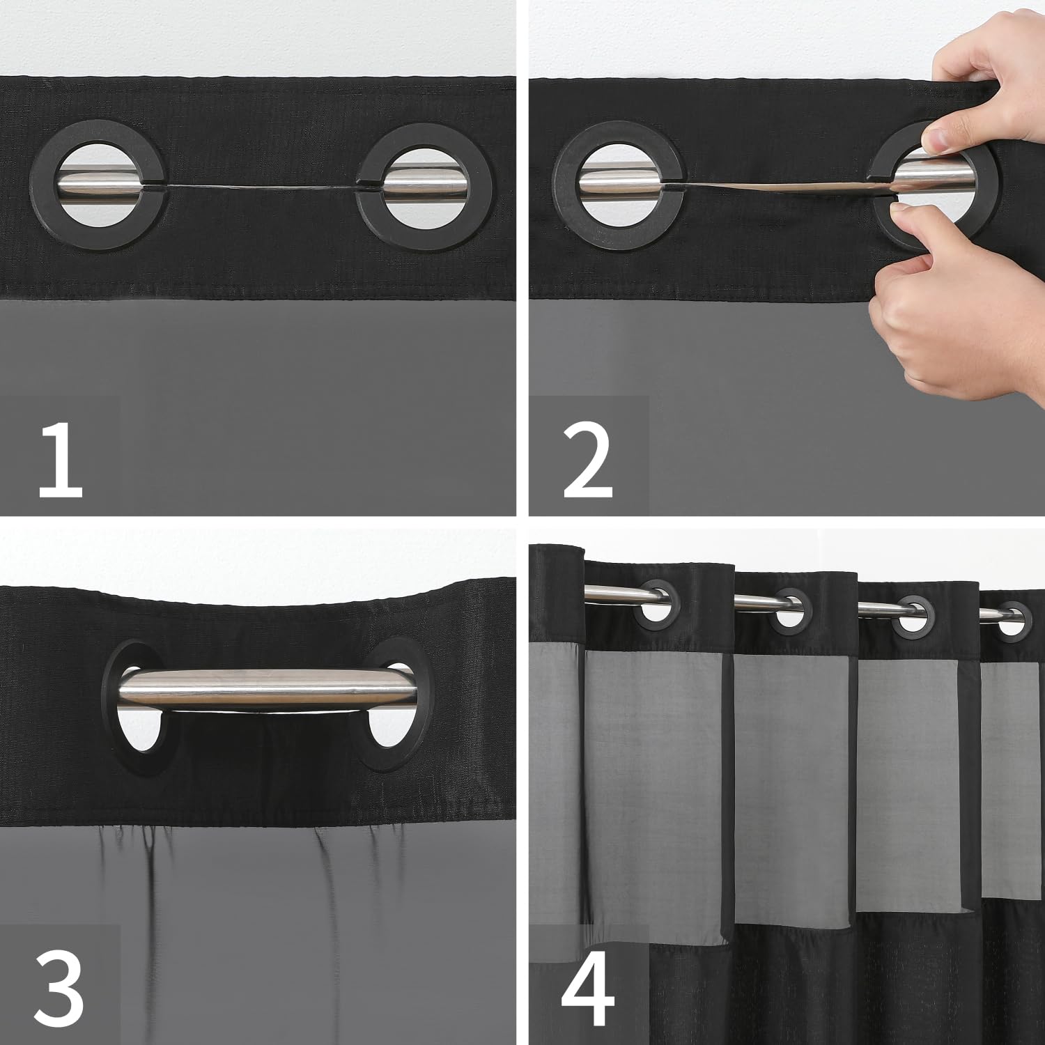 Eachope No Hooks Needed Linen Textured Shower Curtain With Snap-In Fabric Liner Set,Black Hotel Luxury Decor Shower Curtains For