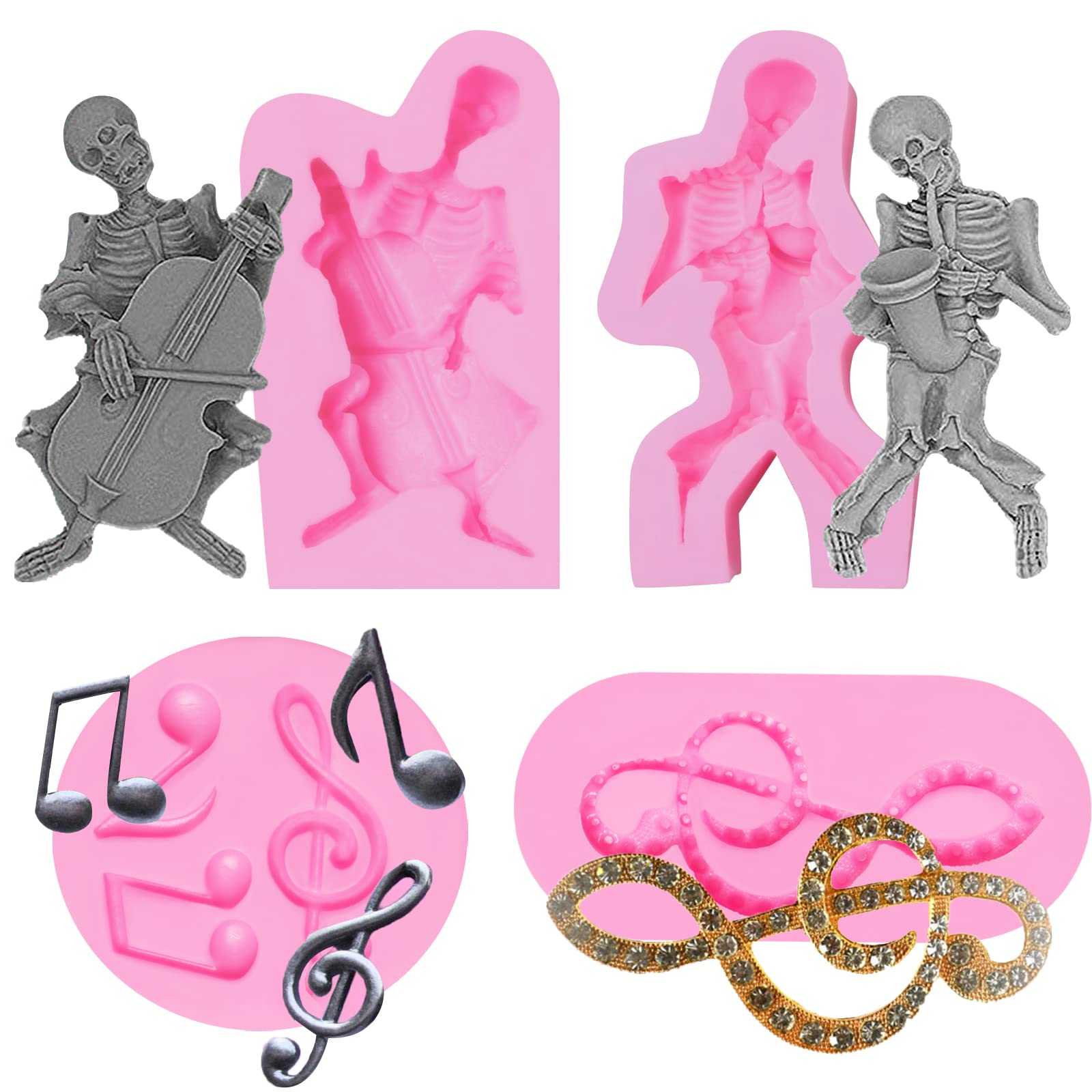 3D Skull Cake Silicone Fondant Mold 4 Pcs, Halloween Skull Skeleton Musical Instrument Molds For Cake Decoration, Candy, Cupcake
