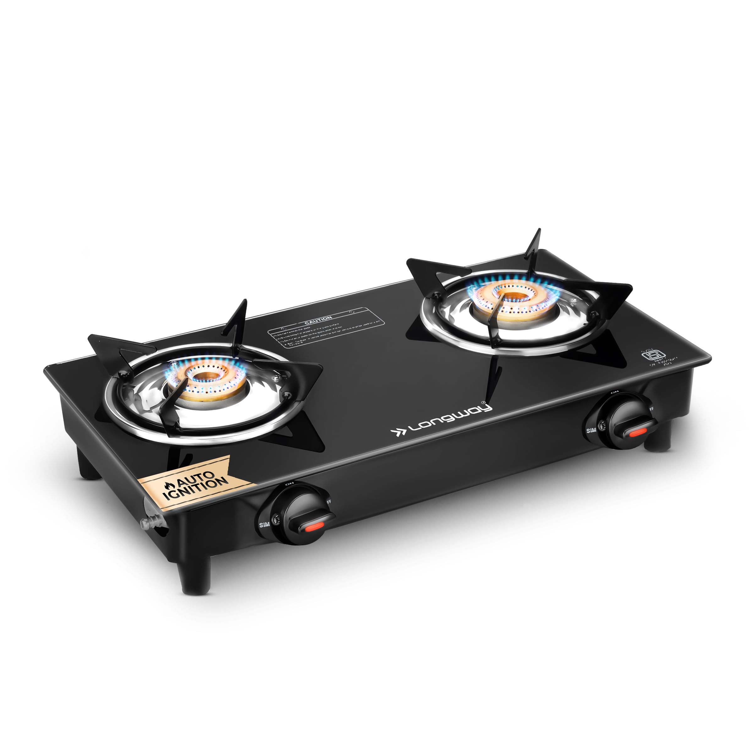 Longway Furn Glass Top | 2 Burner Auto Ignition Glass Gas Stove | Isi Certified With 2 Years Warranty (Black)