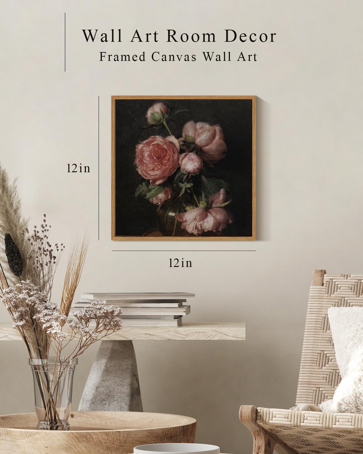 Insimsea Square Framed Canvas Wall Art, Flower Vintage Floral Peony Paintings Wall Prints, Wall Art For Living Room, Office Deco