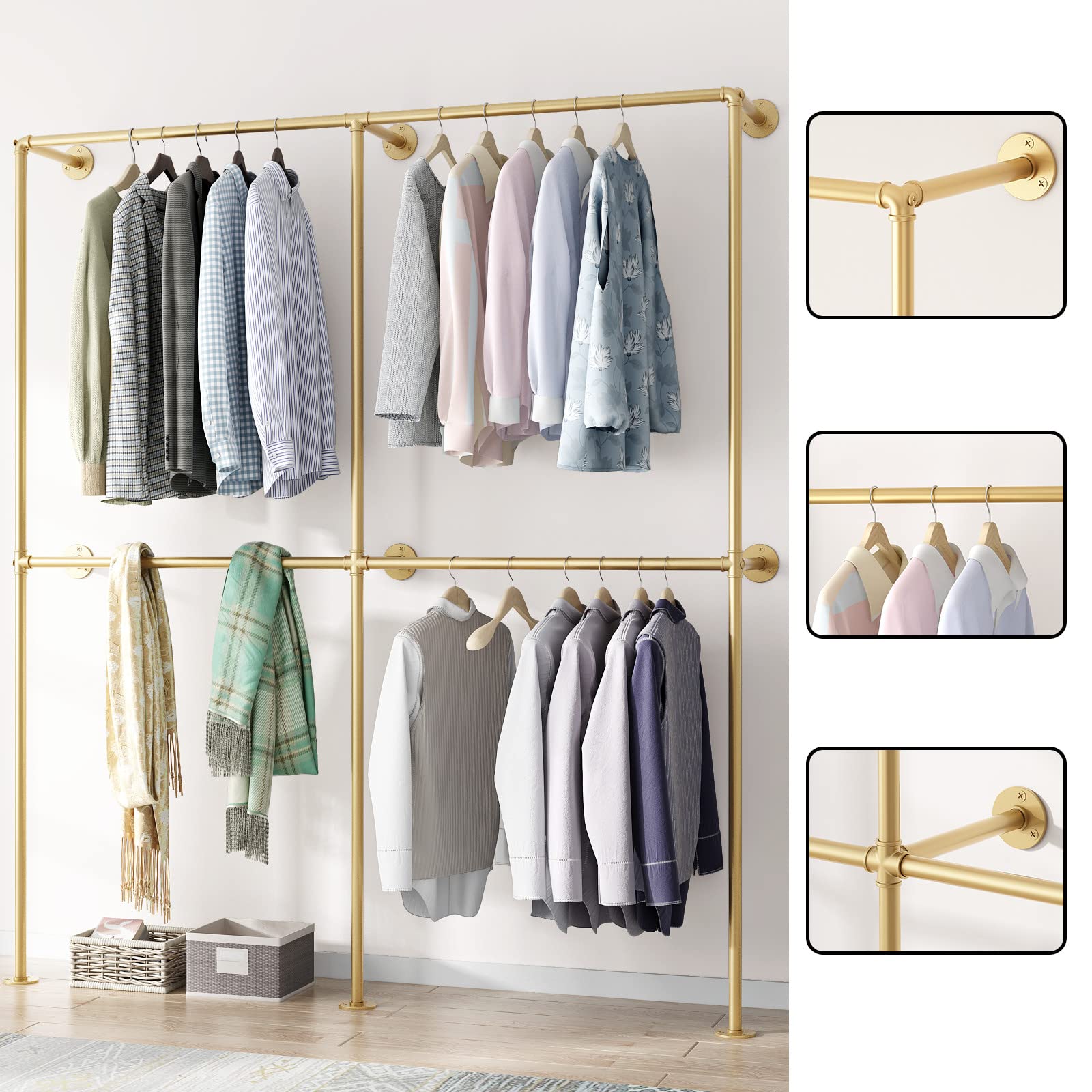Ironjiazu Gold Wall Clothing Rack Wall Mount Clothes Rack,Heavy Duty Pipe Clothing Rack Retail Display Hanging Rod For Closet St