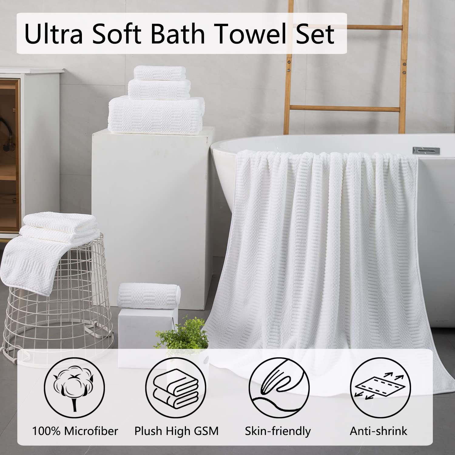 4 Piece Large Bath Towel Set 35''x70'' White Extra Large Bath Sheets Oversized Jumbo Towels 600GSM Soft Highly Absorbent Quick Dry Beach Chair Towels Woven Towels for Bathroom Hotel and Spa