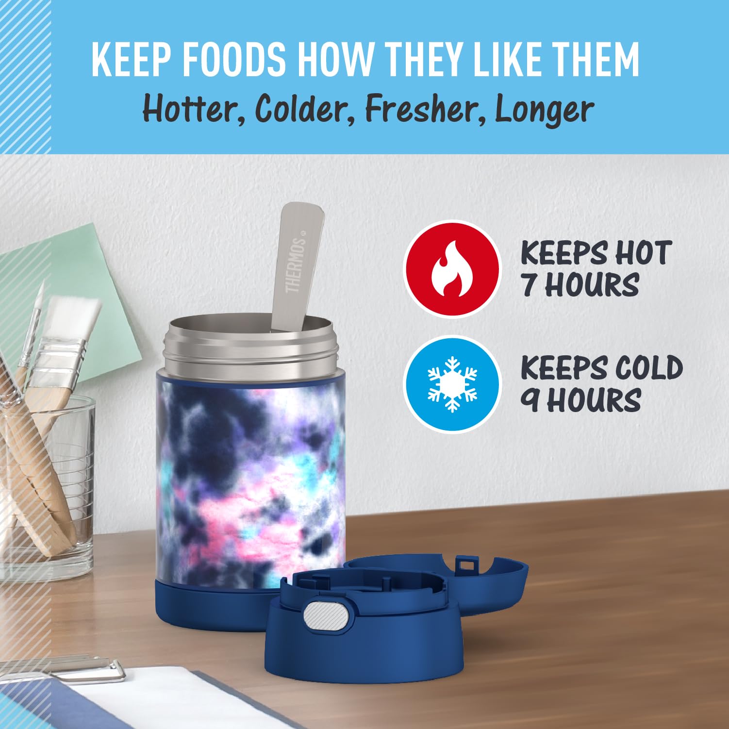 Thermos Funtainer 16 Ounce Stainless Steel Vacuum Insulated Food Jar With Spoon, Tie Dye