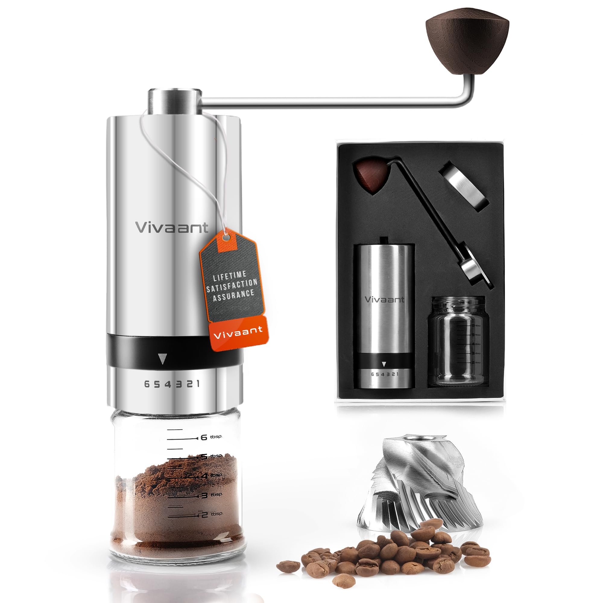 Vivaant Manual Coffee Grinder - Hand Coffee Grinder With Adjustable Dragon Tooth Stainless Steel Conical Burr, No-Power, Manual