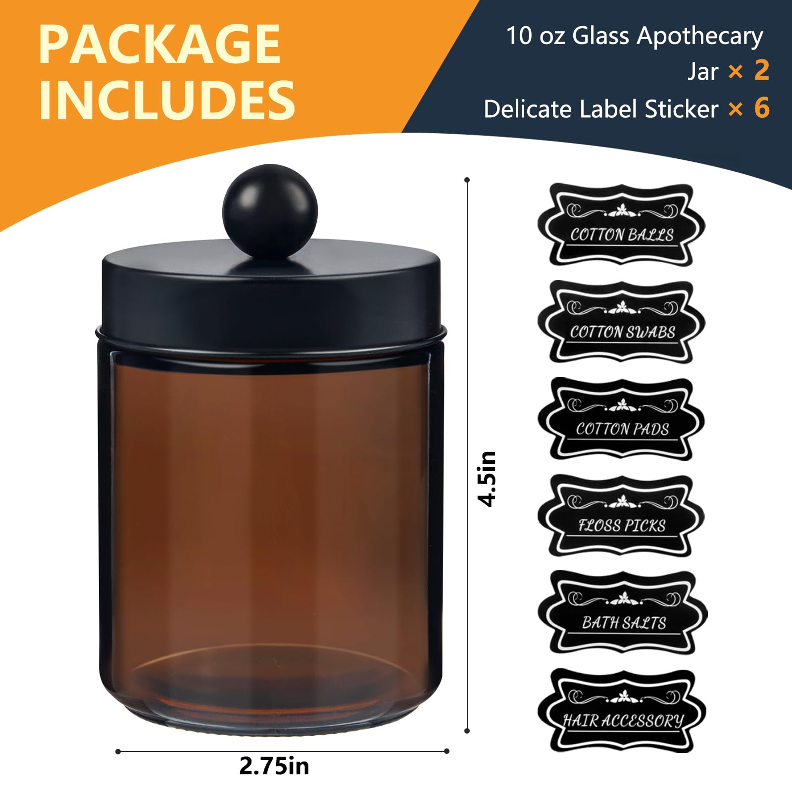 2 Pack Glass Apothecary Jars With Lids And Labels - Bathroom Counter Storage Jars, Qtip Holders Vanity Countertop Canisters (Amb