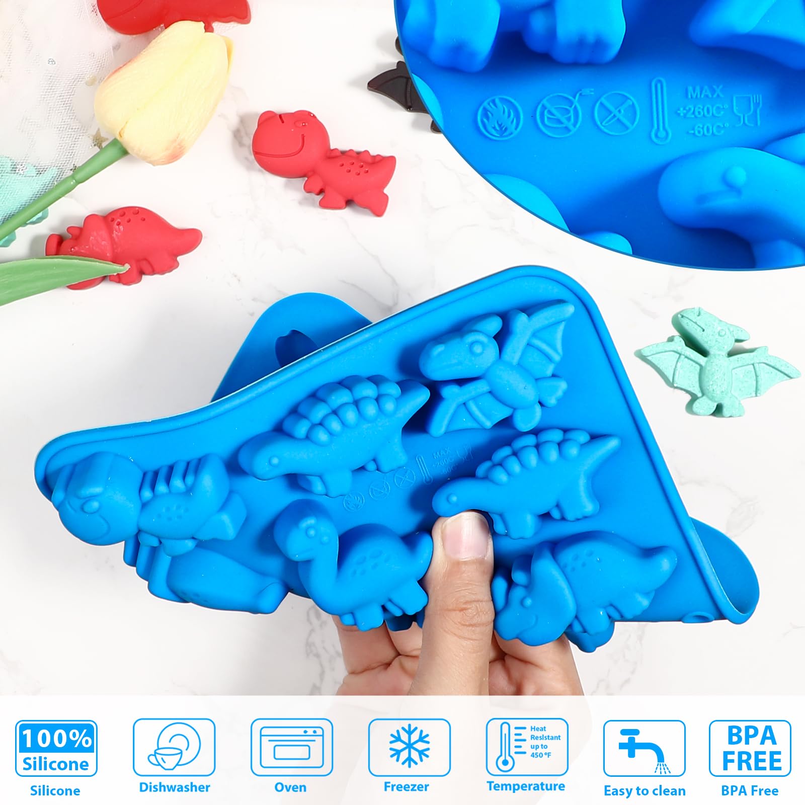 Webake Dinosaur Candy Silicone Molds 12-Cavity Dinosaur Molds Shaped With T-Rex, Stegosaurus, Triceratops, Great For Candy, Choc