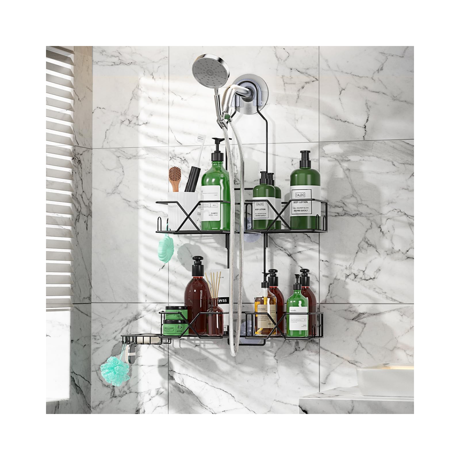 Sewulidon Hanging Shower Caddy - Adjustable Height, 2 Tiers, Iron, Black, Model SEWU0001NYL - Perfect Organizer for Handheld Shower Heads
