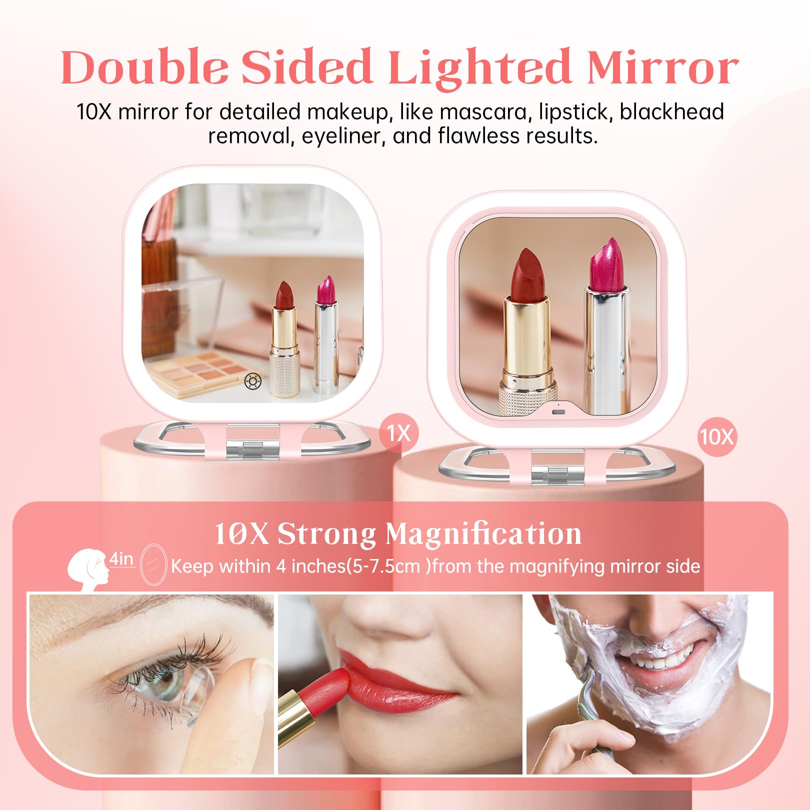 Fascinate 10X Magnification Compact Travel Makeup Mirror With Lights And Magnification, 3.5 Inch Portable 1X/10X Magnifying Mirr