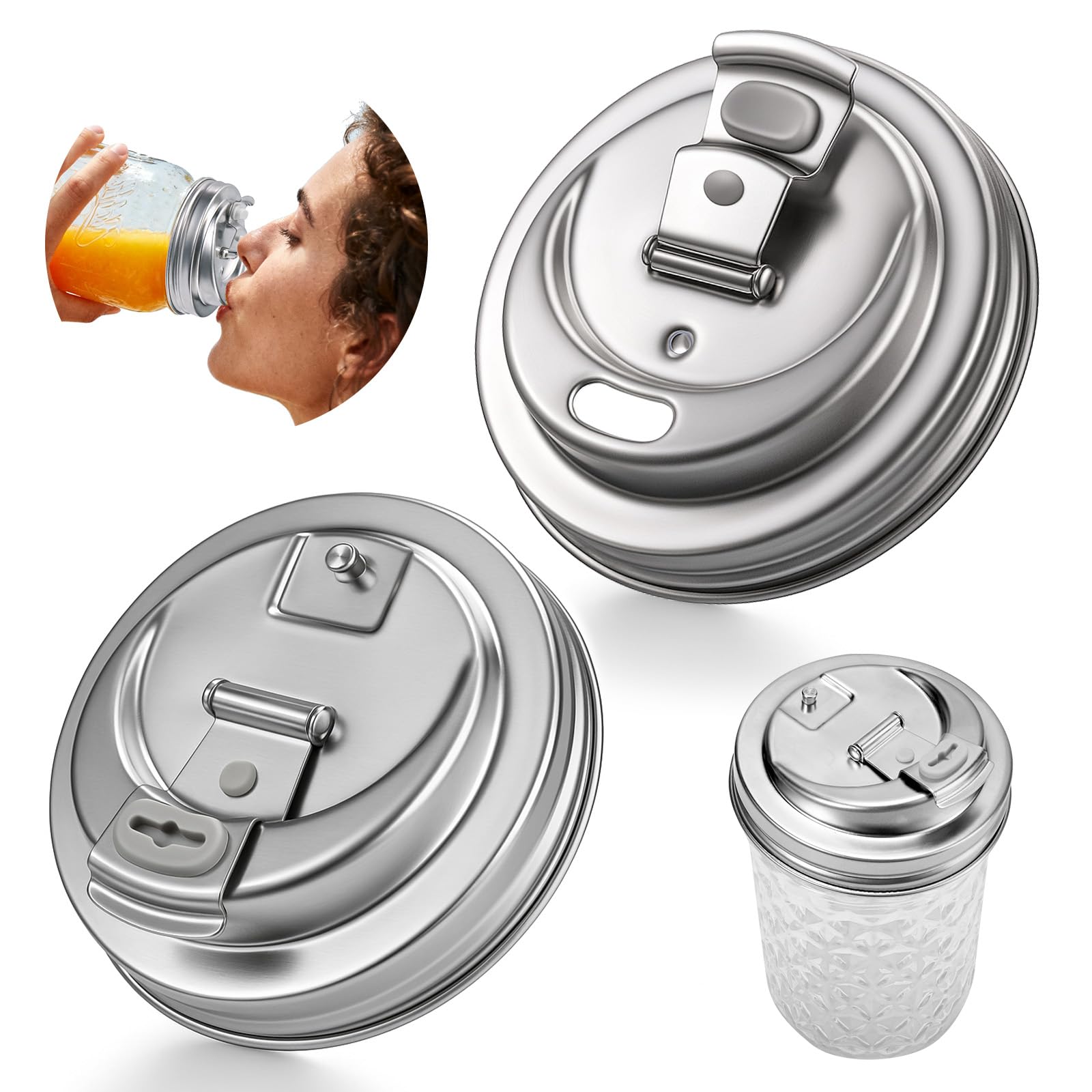 Palksky Mason Jar Lids with Straw Hole Wide Mouth, Stainless Steel Drinking Lid with Handle & Silicone Rings, Spill-Resistant Ma