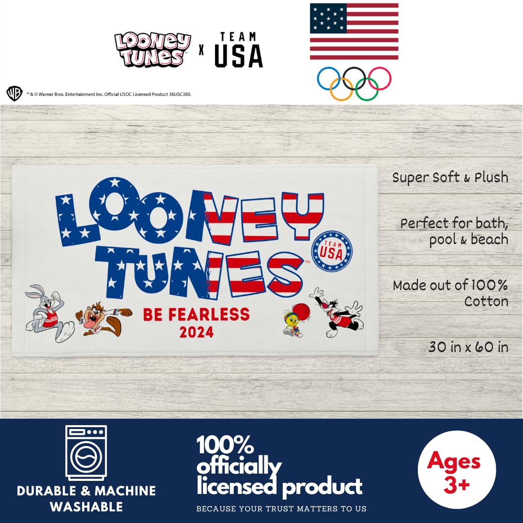 Franco Collectibles Looney Tunes Team Usa Paris Olympics Super Soft Cotton Bath/Pool/Beach Towel, 60 In X 30 In, (Officially Lic